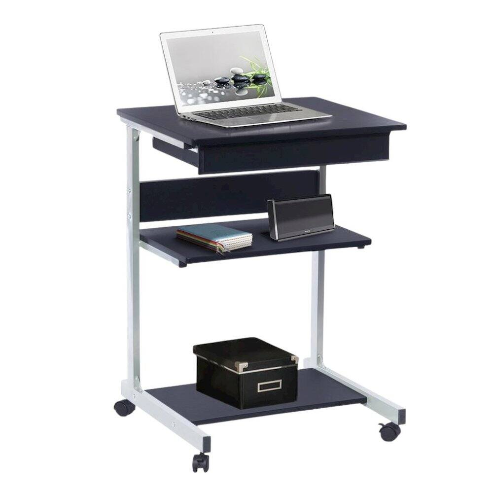 Front. FurniFact - Gray Computer Cart With Storage Drawer, Dual Shelves And Metal Frame - Gray.