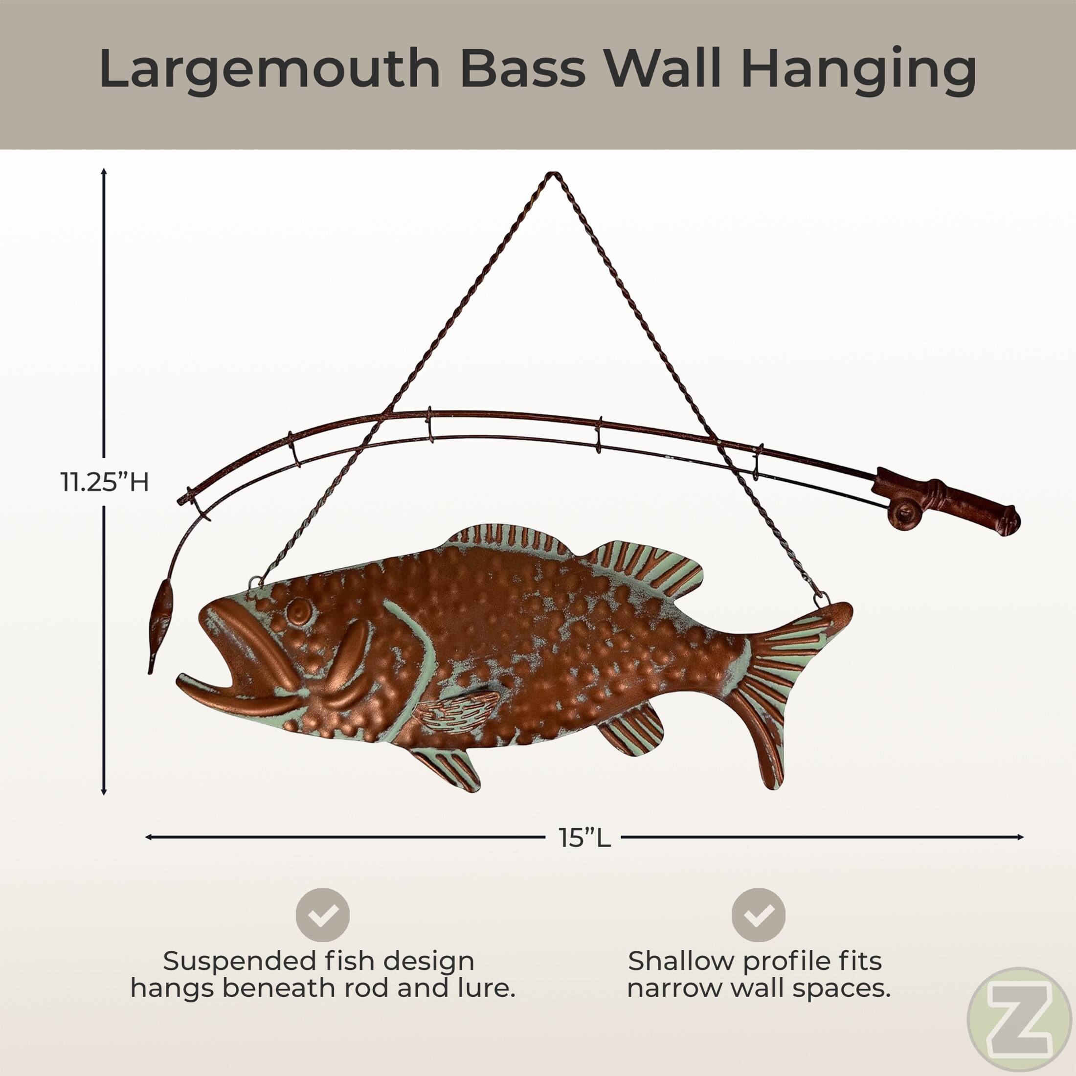Largemouth Bass Wall Hanging  
11.25"H 15"L  
Suspended fish design hangs beneath rod and lure.  
Shallow profile fits narrow wall spaces.