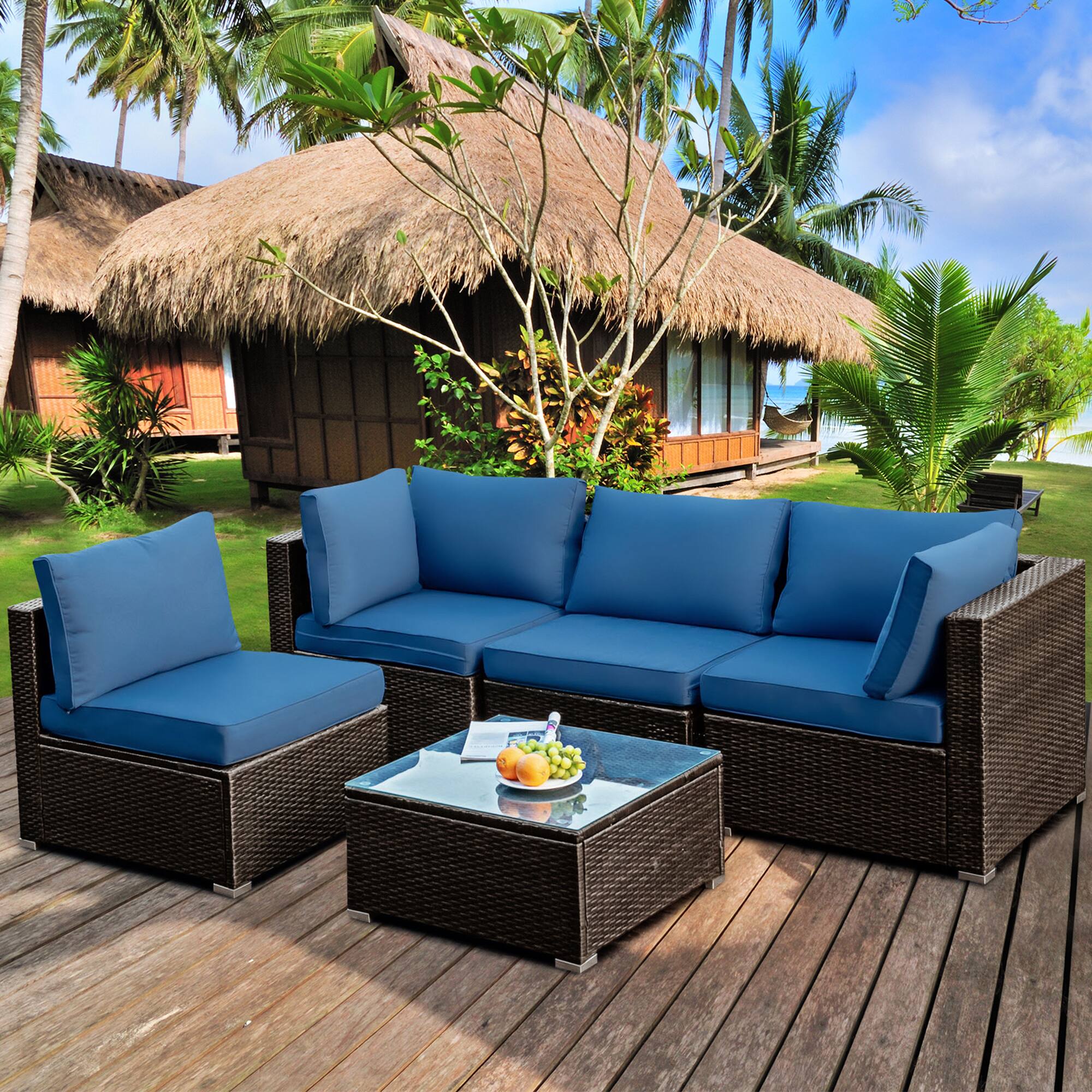 Gymax - 5PCS Rattan Patio Conversation Set Sofa Furniture Set w/ Navy Cushions - Mix brown price history on PriceWatchPro