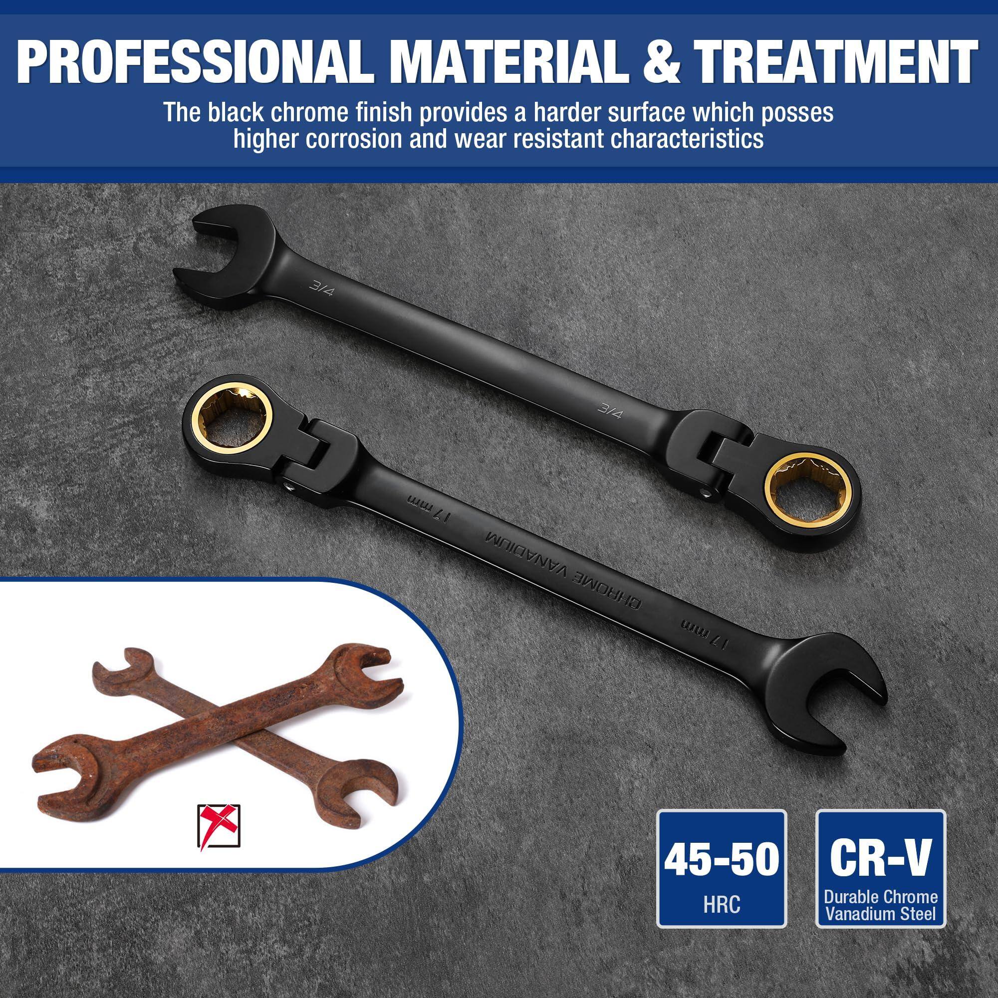 **PROFESSIONAL MATERIAL & TREATMENT**

The black chrome finish provides a harder surface which possesses higher corrosion and wear resistant characteristics.

- 45-50 HRC
- CR-V Durable Chrome Vanadium Steel