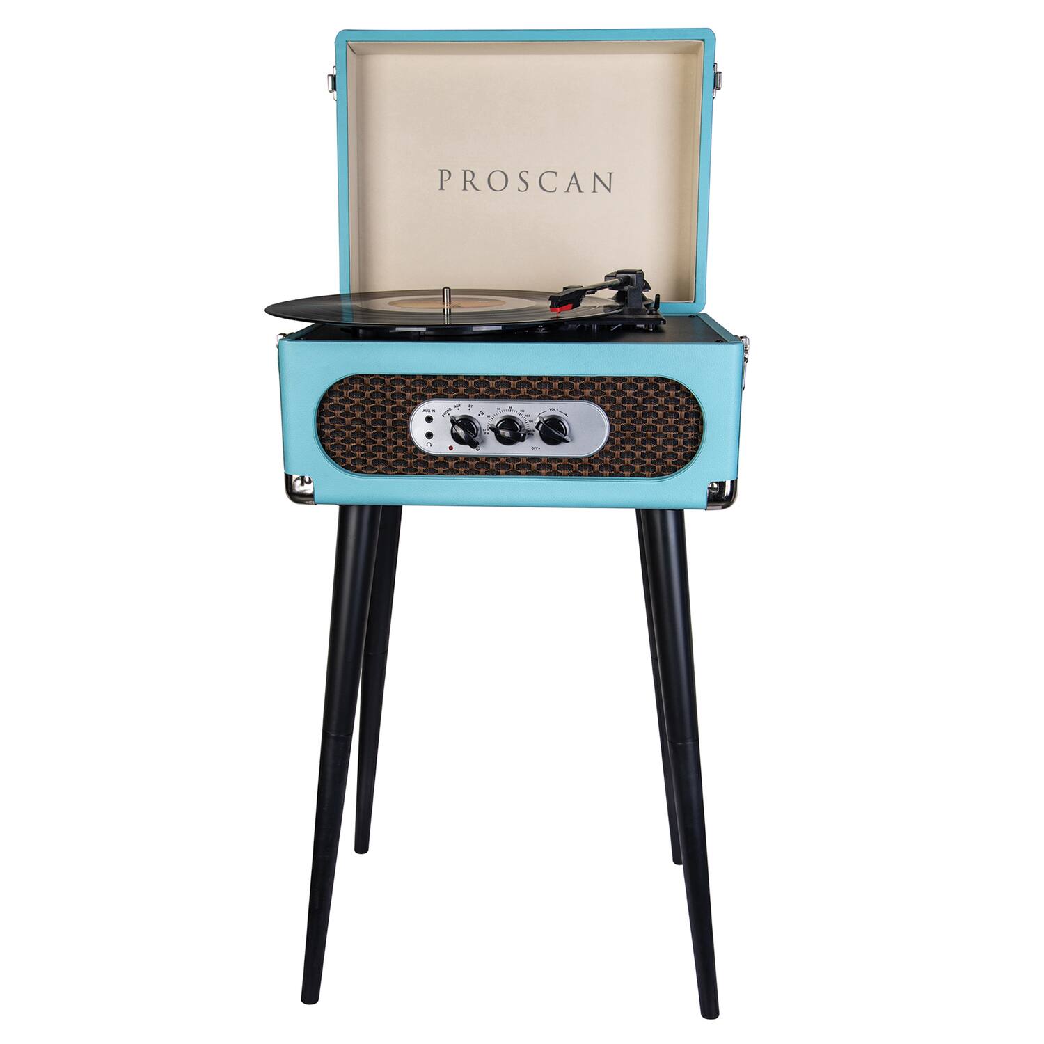 Left. Victor - Proscan Prc894-blue Bluetooth Belt-drive Suitcase-style Retro Turntable With Fm Radio And Stand, Blue - Blue.