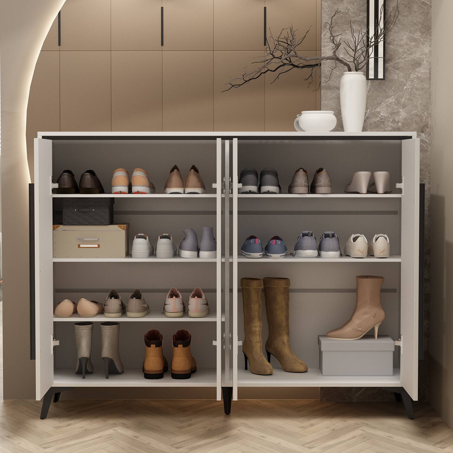 Alt View 7. Famapy - Famapy Modern Minimalist Shoe Cabinet with Adjustable Shelves & Metal Accents - White.