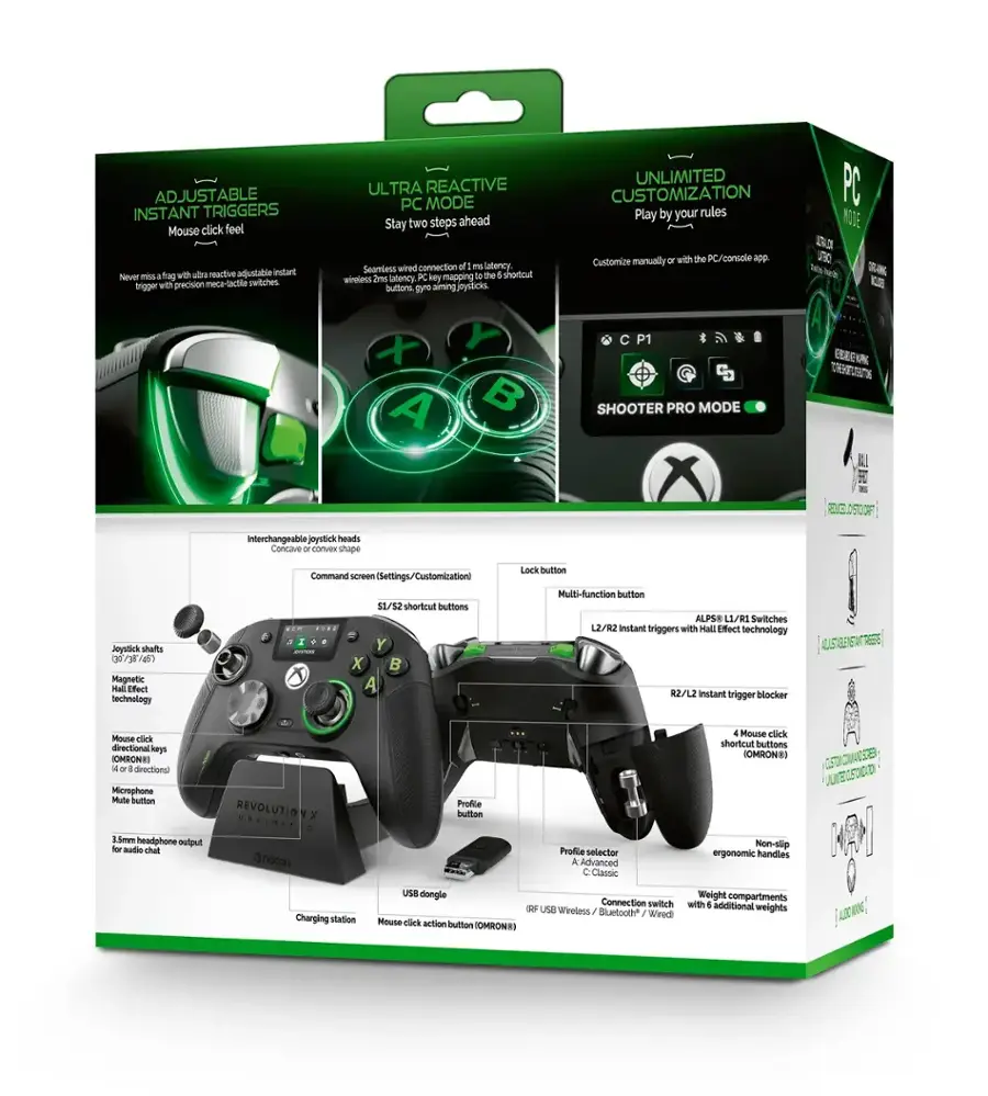 The text on the image is already grouped and corrected. It reads:

"ULTRA REACTIVE PC MODE - Stay two steps ahead with ultra-responsive PC key mapping. 10 the 4 shortout wireless joysticks. Gyro aiming joysticks. UNLIMITED CUSTOMIZATION - Play by your rules. Customize manually with the Xbox app. PC NO LAG - X A B P1 SHOOTER PRO MODE - Interchangeable joystick head. Concave or convex shape joystick shafts. Magnetic Effect technology. Command Screw settings/Customization. $1/52 shortcut buttons. L1/L2 instant triggers with Hall Effect technology. R2/R3 instant brigger blocker. Mouse click feel we ultra-reactive adjustable instant triggers. Microphone mute button. RevolutionX unlimited customization for mobile chat. Profile selector."