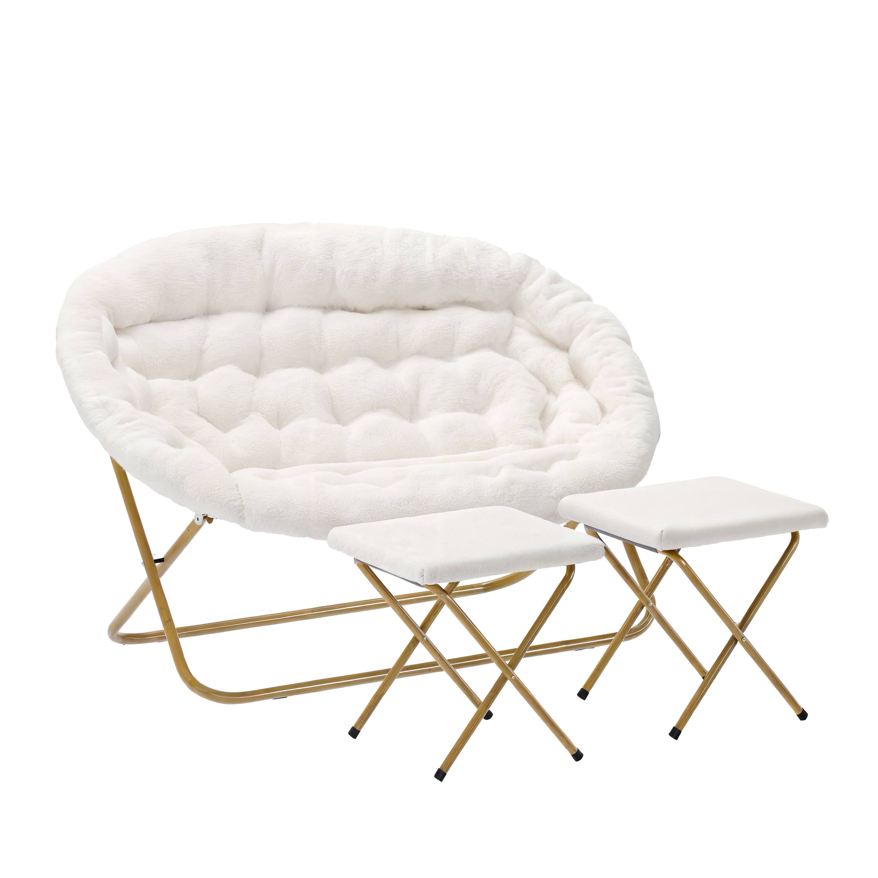 Front. Emma + Oliver - Janey Folding Double Saucer Chair with 2 Ottomans and Steel Frame for Dorm or Bedroom - Ivory Faux Shearling Fabric/Soft Gold Frame.