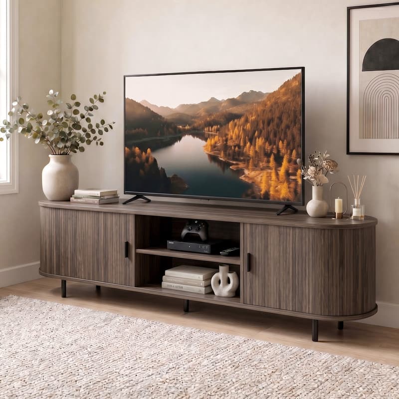 Front. WELLFOR - 71" TV Stand for TVs up to 80", Mid Century Curved Entertainment Center with Fluted Sliding Doors - Walnut.