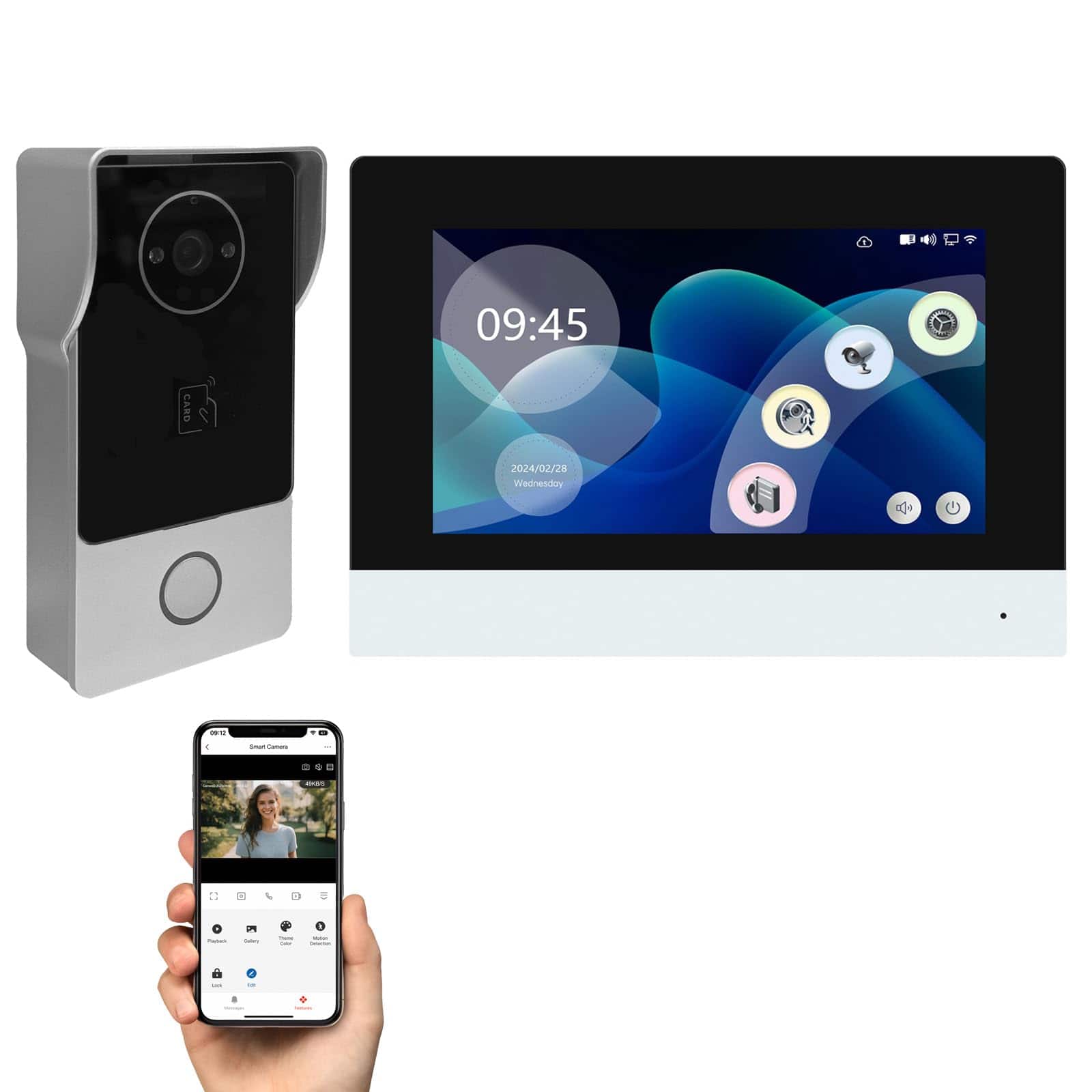 Cluzine - 7 Touch Screen Video Doorbell Intercom, Night Vision Camera, 2-Way Audio, RFID, Tuya App Remote Unlock Home Security