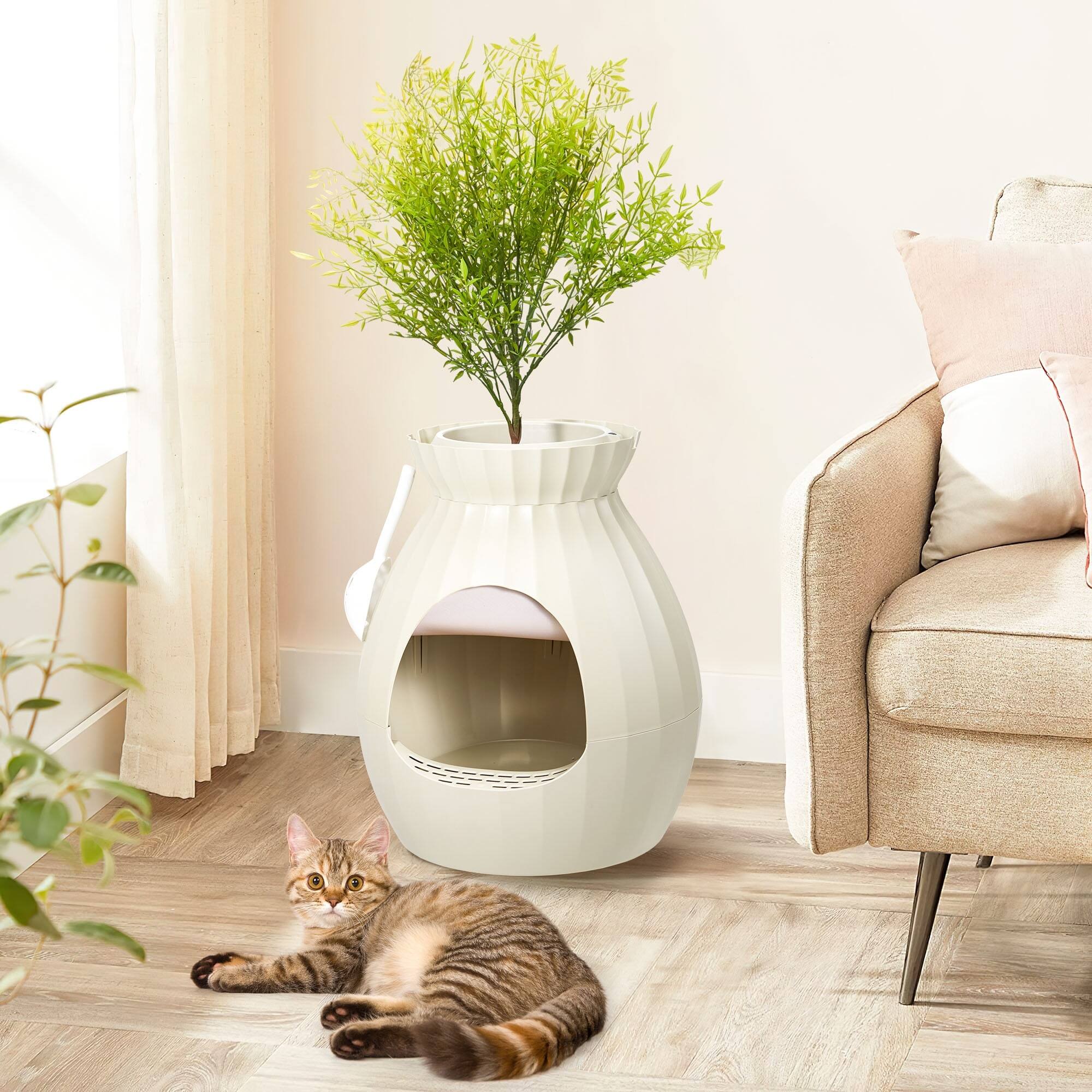 Alt View 4. U-HOMY - Modern Hidden Cat Litter Box Furniture, Decorative Planter Cat Enclosure with Odor Filter & Optional LED Lights - Beige - No LED.