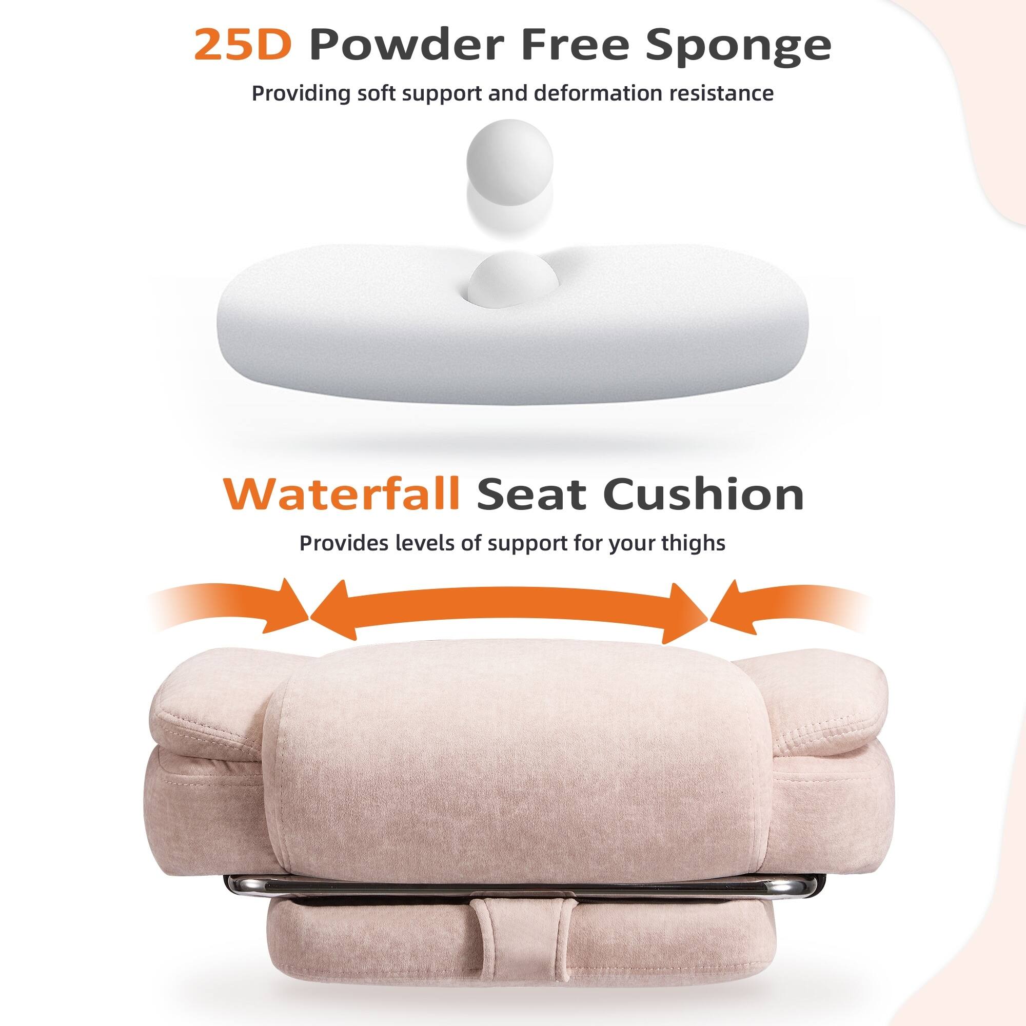 25D Powder Free Sponge  
Providing soft support and deformation resistance  

Waterfall Seat Cushion  
Provides levels of support for your thighs