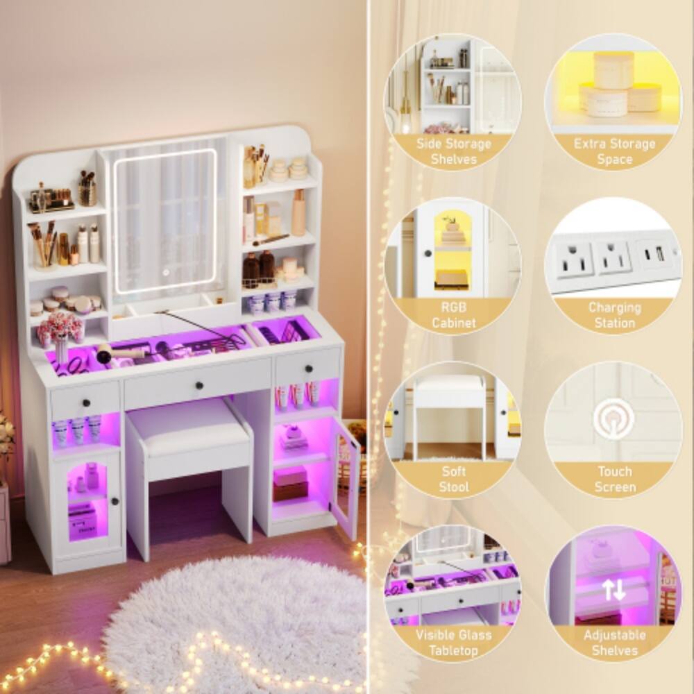 Side Storage Shelves  
Extra Storage Space  
RGB Cabinet  
Charging Station  
Soft Stool  
Touch Screen  
Visible Glass Tabletop  
Adjustable Shelves