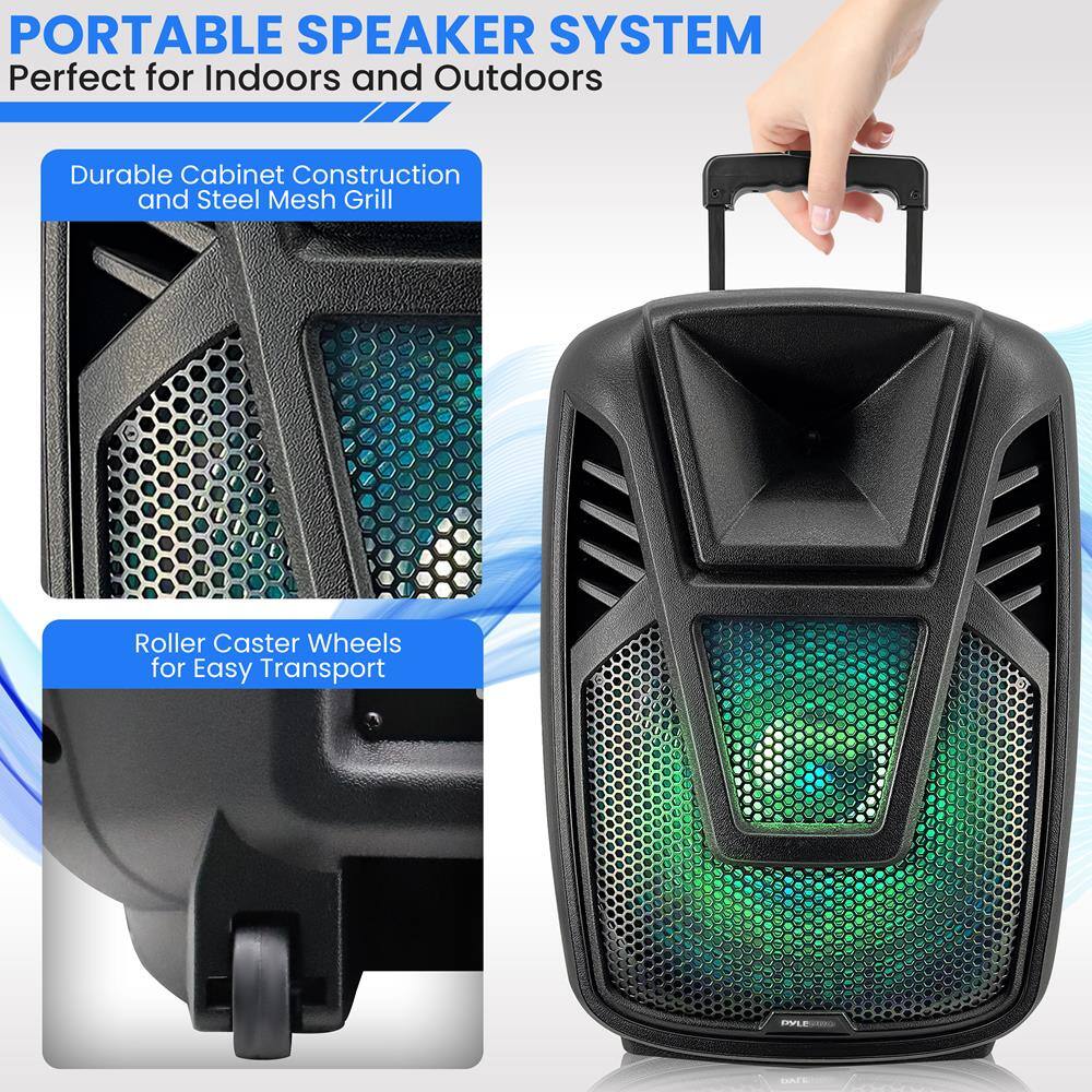 PORTABLE SPEAKER SYSTEM  
Perfect for Indoors and Outdoors  

Durable Cabinet Construction and Steel Mesh Grill  

Roller Caster Wheels for Easy Transport