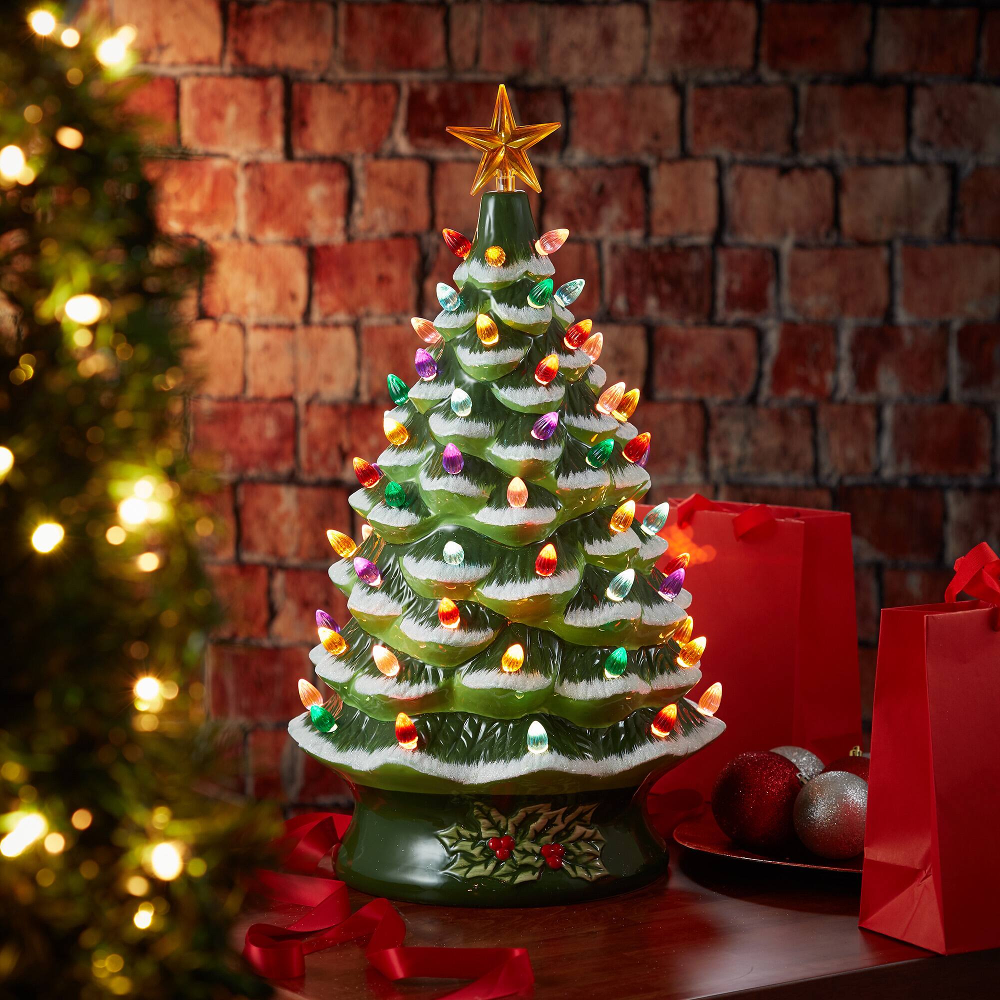 Alt View 6. Casafield - 24-in Hand Painted Ceramic Christmas Tree - Pre-Lit Tree with Star - Green Snow Flocked.