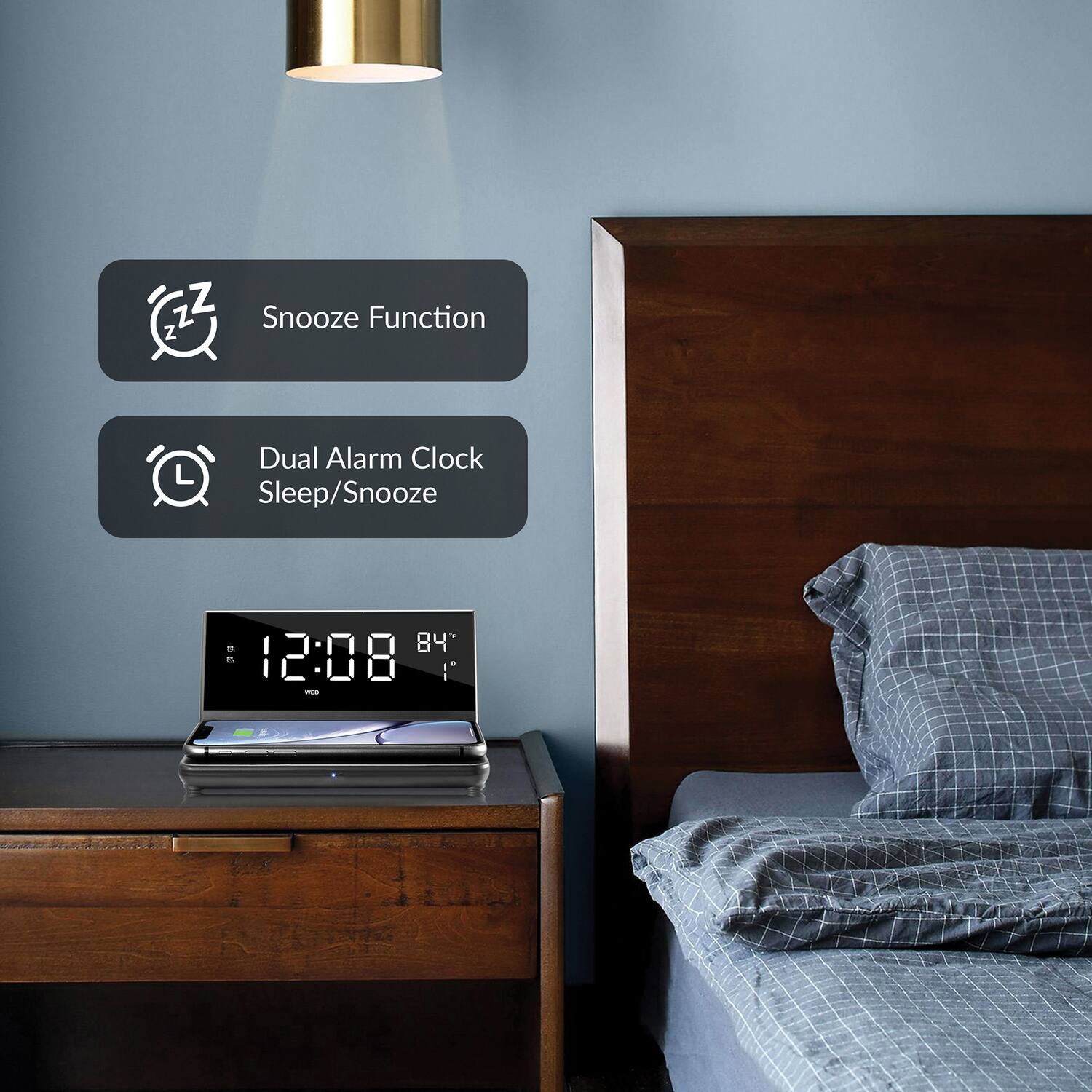 Snooze Function  
Dual Alarm Clock Sleep/Snooze  

12:08  
84°