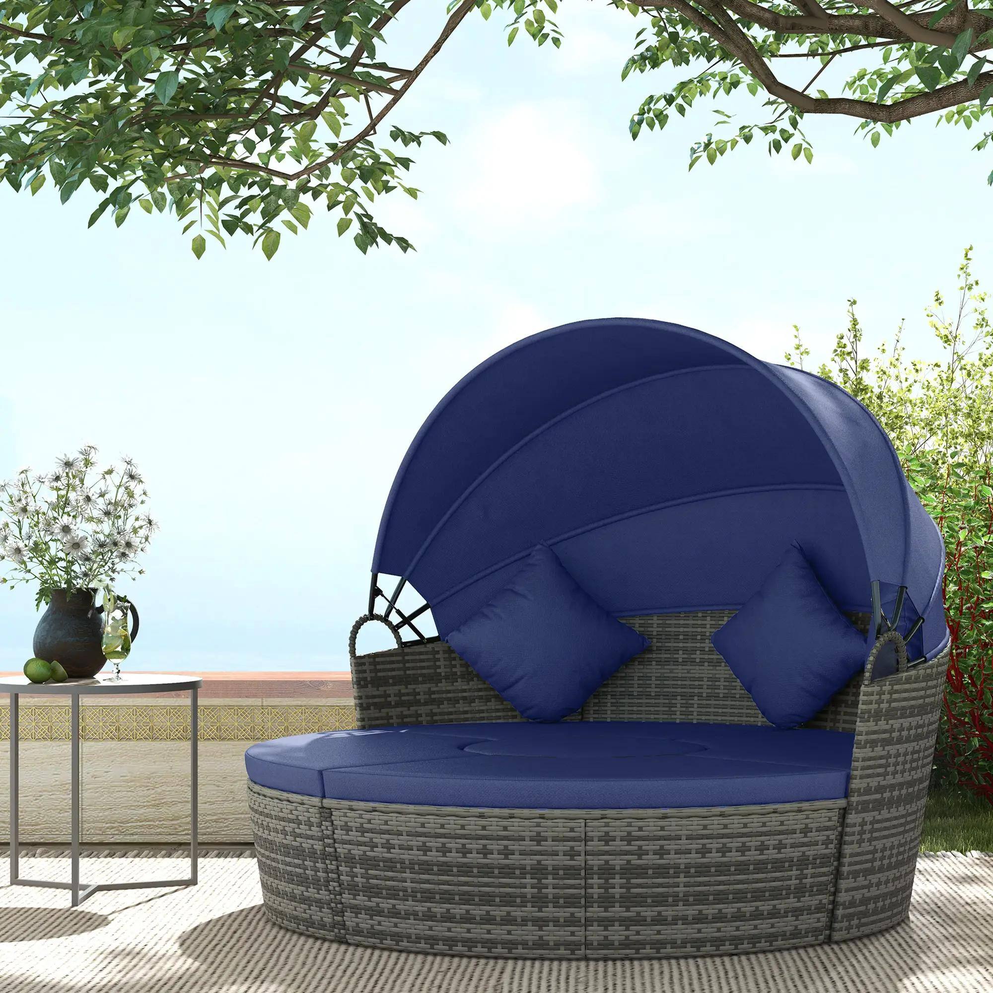 Angle. Resenkos - Resenkos 4 Pieces Round Rattan Daybed Furniture Set, Outdoor Sectional Furniture, Polyethylene Rattan, Blue - Blue.