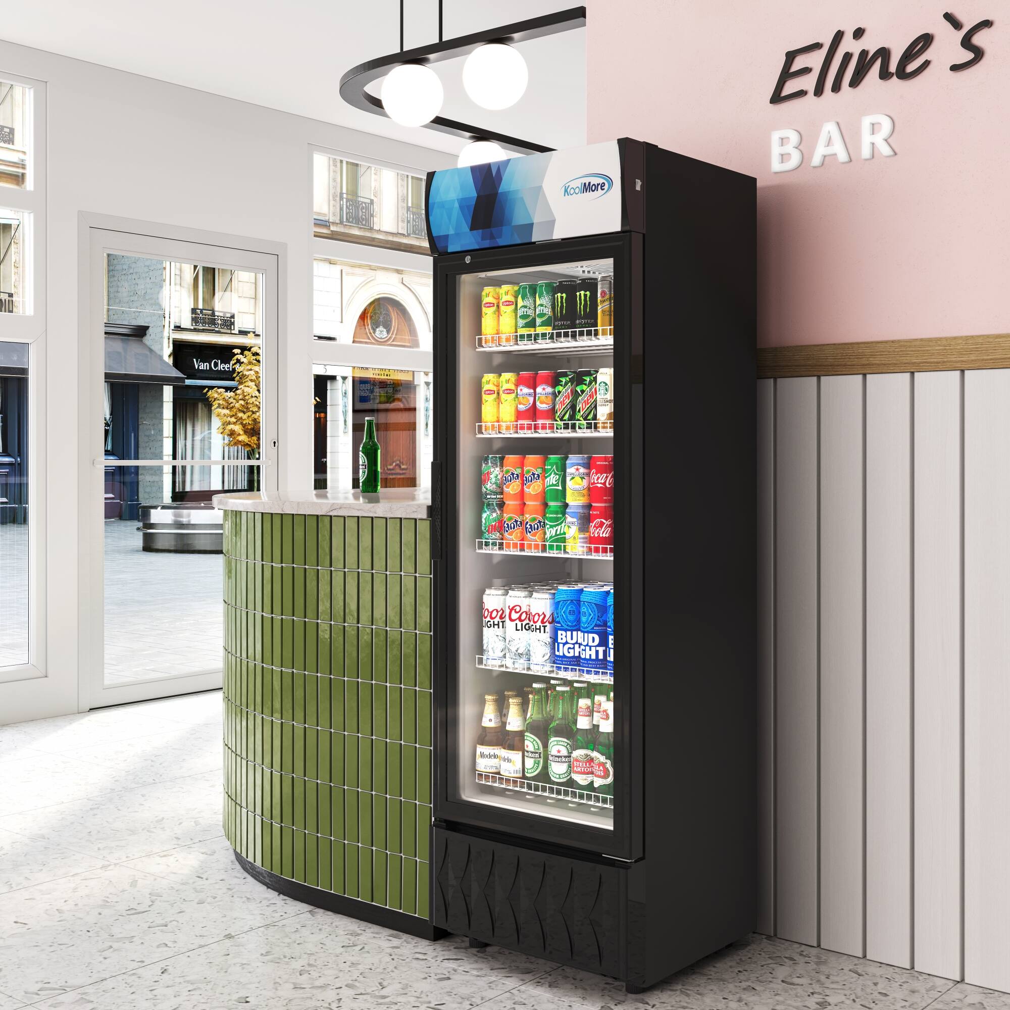 Eline's Bar is a Van Cleef & Arpels concept store that offers a variety of drinks, including soda, beer, and juice. The store features a refrigerator with a wide selection of beverages, including Coca-Cola, Sprite, and other popular brands. The refrigerator is located next to a window, allowing customers to easily view the available options. The store offers a diverse range of drinks to cater to different tastes and preferences.