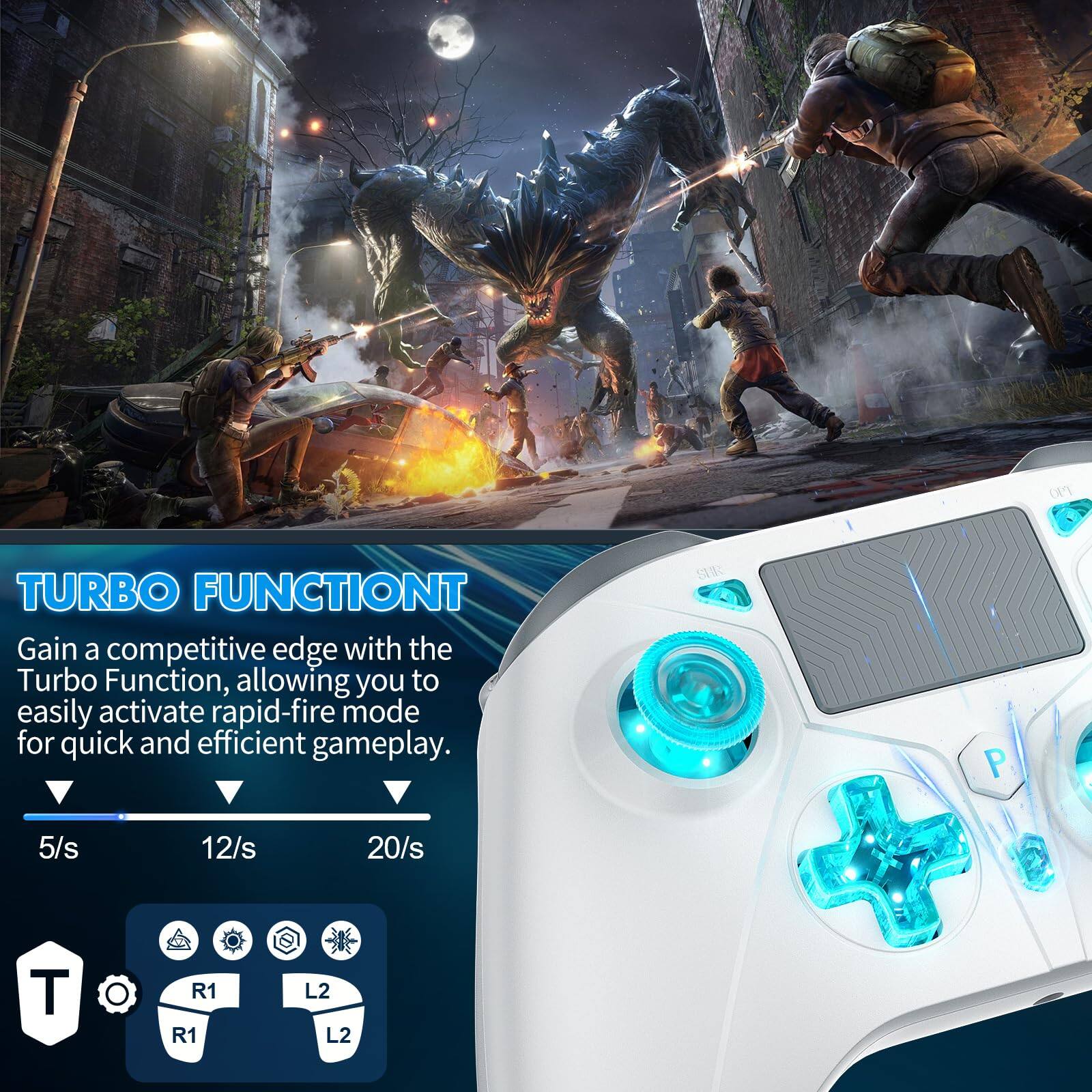 **TURBO FUNCTION**

Gain a competitive edge with the Turbo Function, allowing you to easily activate rapid-fire mode for quick and efficient gameplay.

- 5/s
- 12/s
- 20/s

**Controls:**
- T
- R1 + R1
- L2 + L2