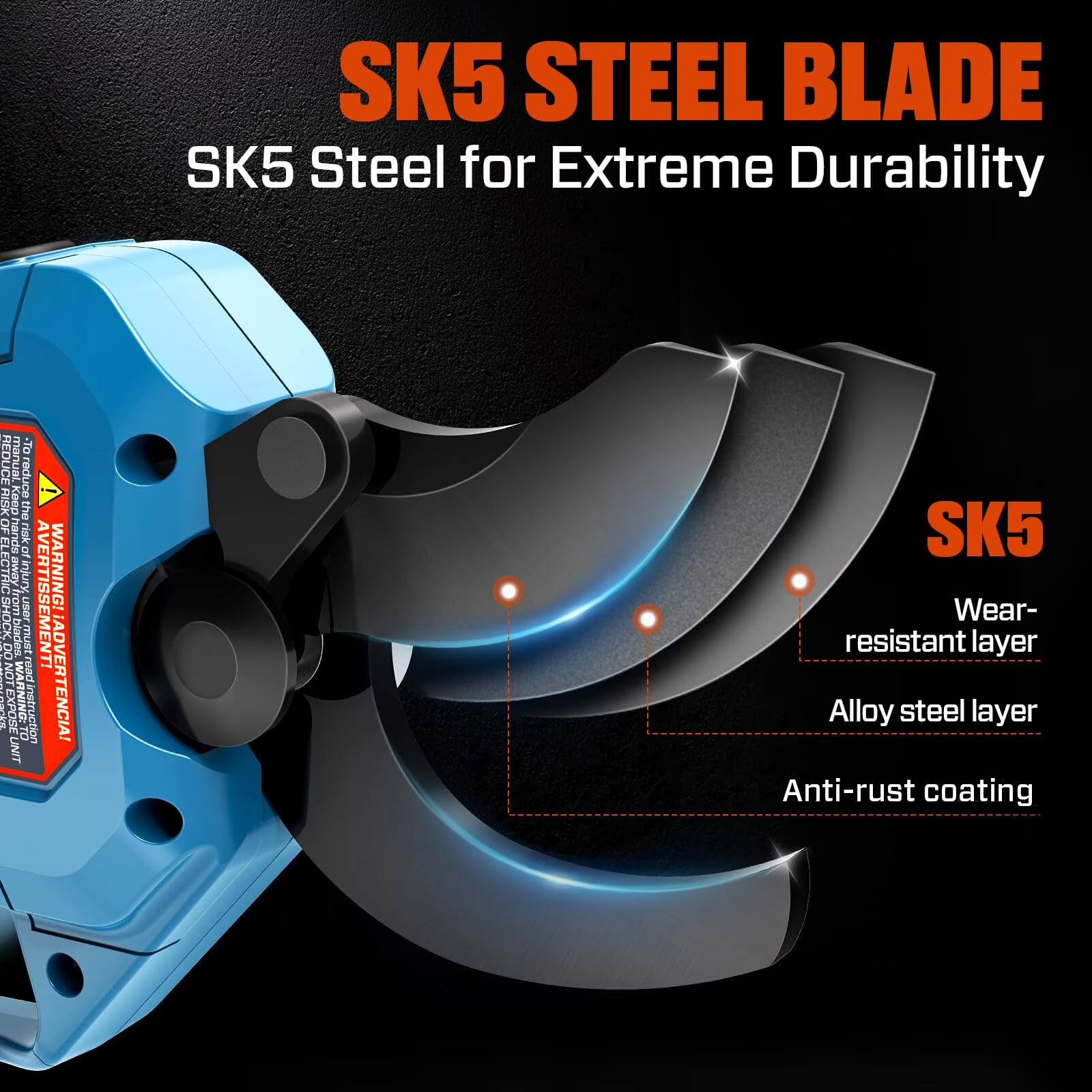 SK5 STEEL BLADE  
SK5 Steel for Extreme Durability  

- Wear-resistant layer  
- Alloy steel layer  
- Anti-rust coating  

**WARNING:**  
- Reduce the risk of injury by following the instructions.  
- Ensure the user is aware of the potential hazards.  
- Do not expose to shock.  
- Read the instructions carefully.