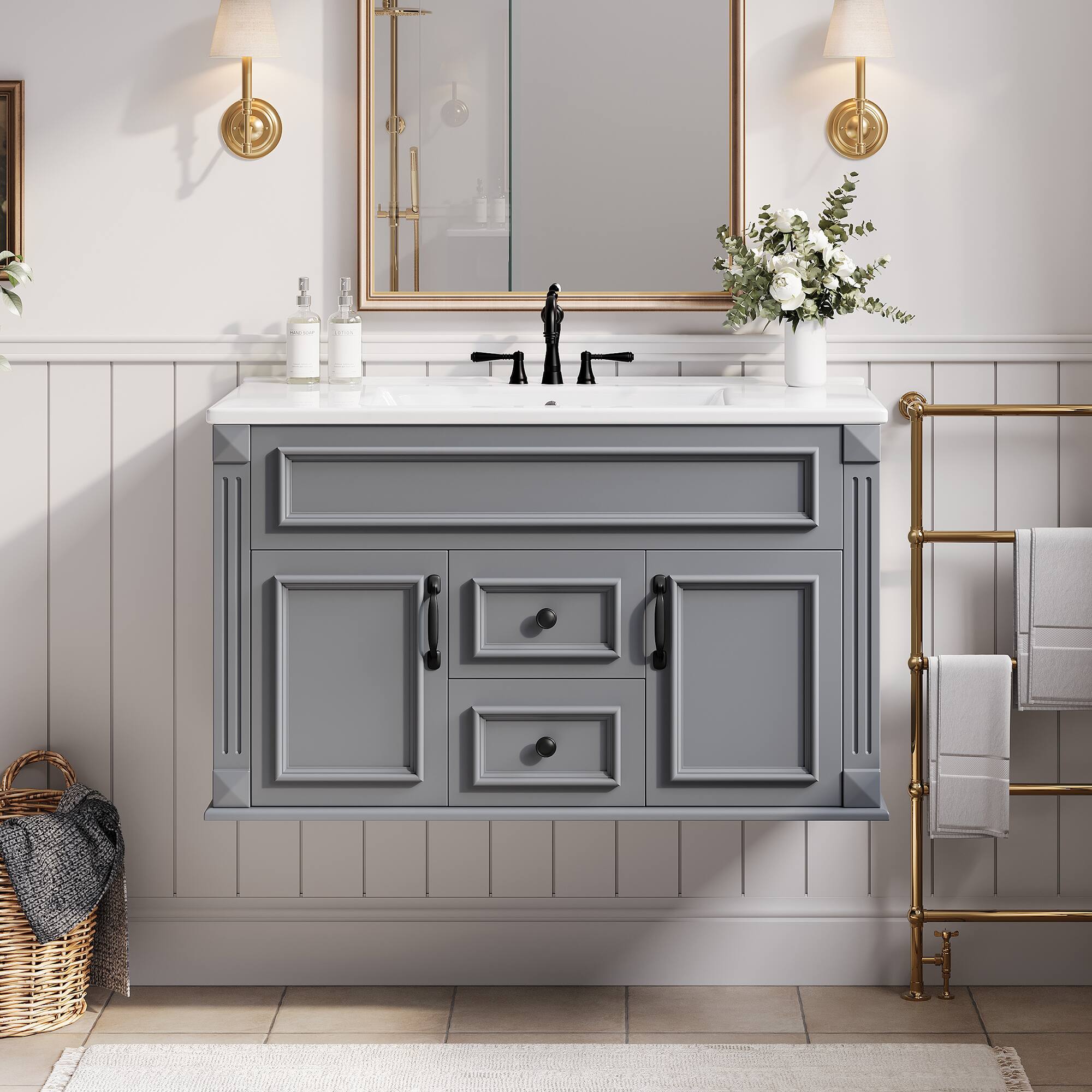 Angle. Whisen - 36" Wall Mounted Bathroom Vanity Cabinet with Sink Drawers and Soft Closing Hinges Floating Storage - Gray.