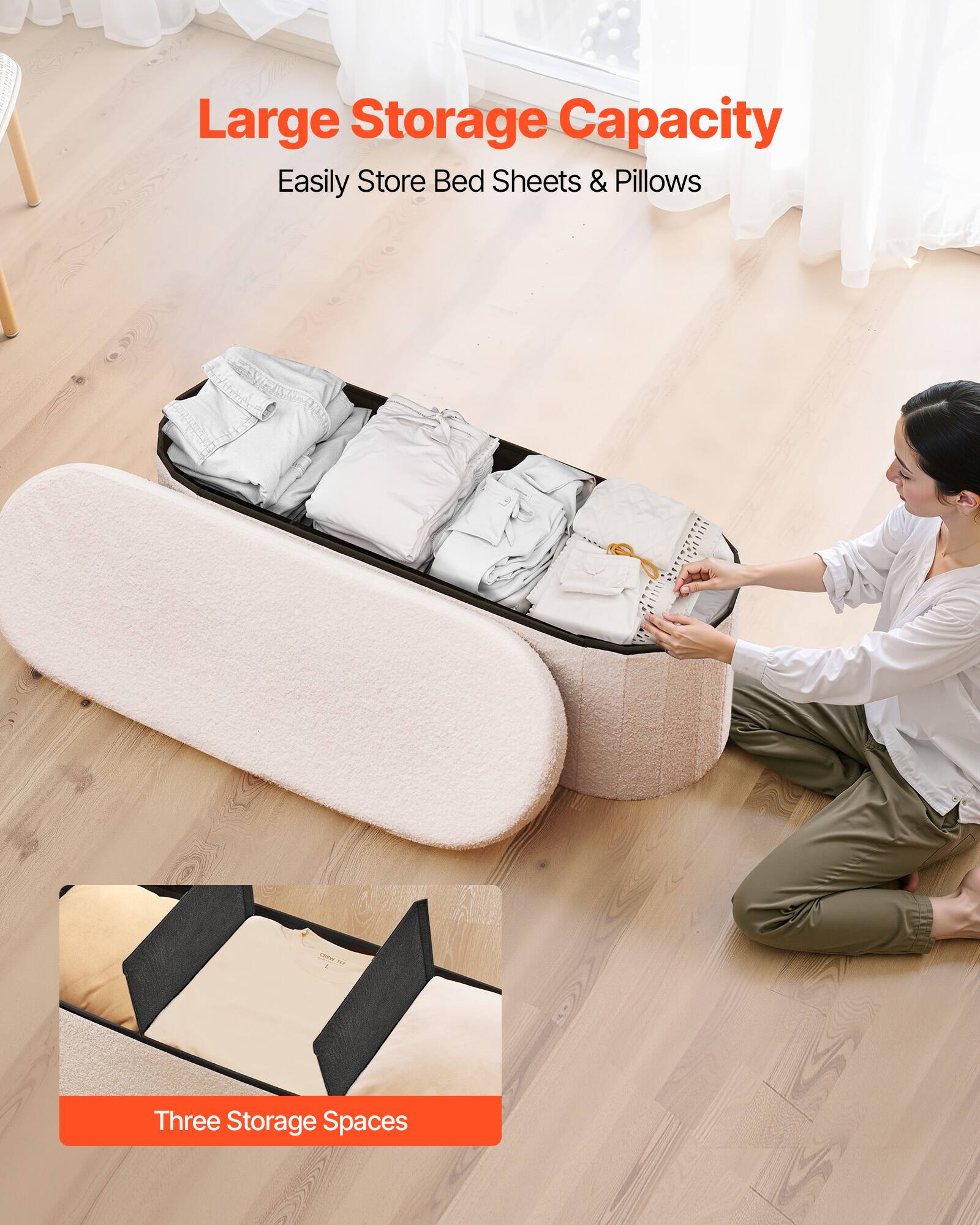 Large Storage Capacity  
Easily Store Bed Sheets & Pillows  

Three Storage Spaces