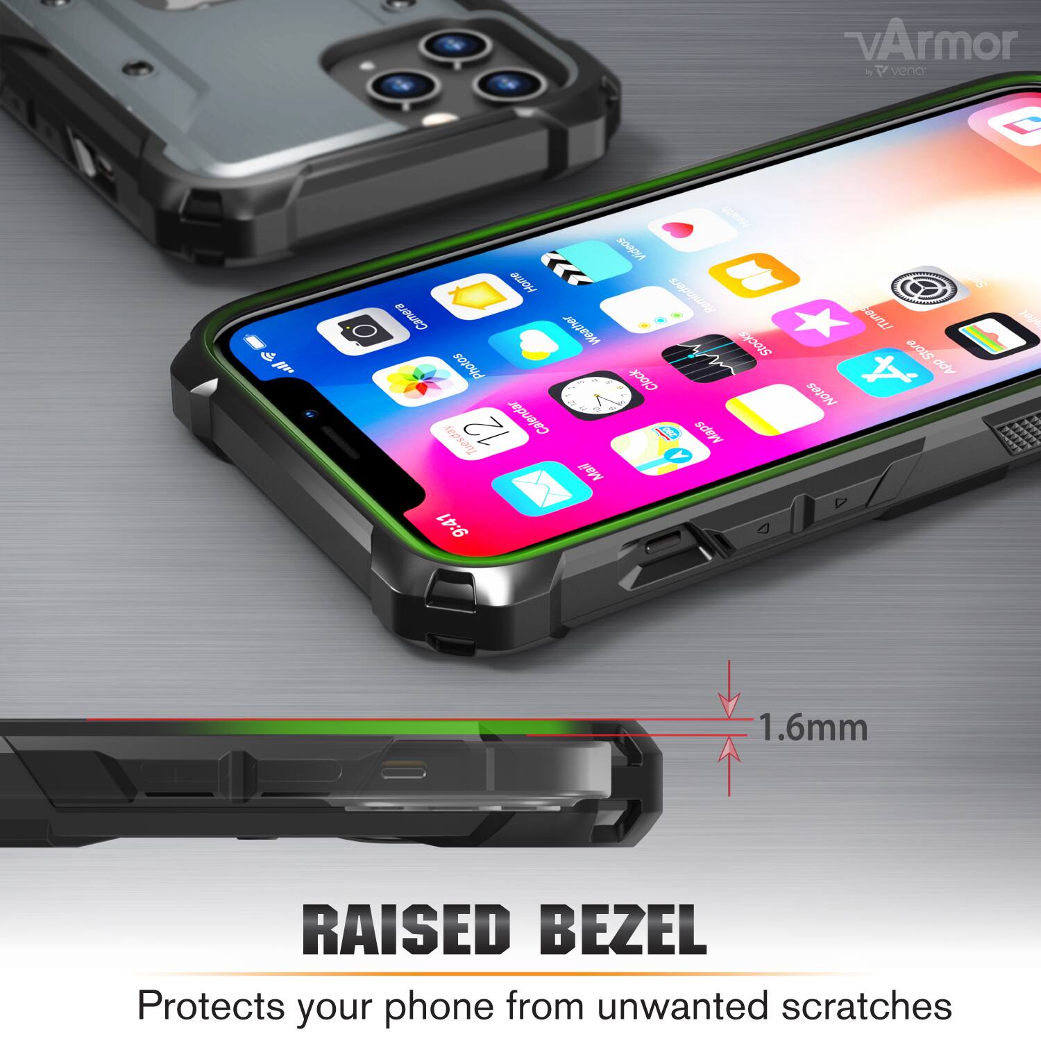 vArmor - venc  Camera  Photos Clock + - + 12 Calendar C Maps Spar peyy 9:41 ORS  Munes BJOS00 ddy voseR D M 7T1 1.6mm RAISED BEZEL Protects your phone from unwanted scratches