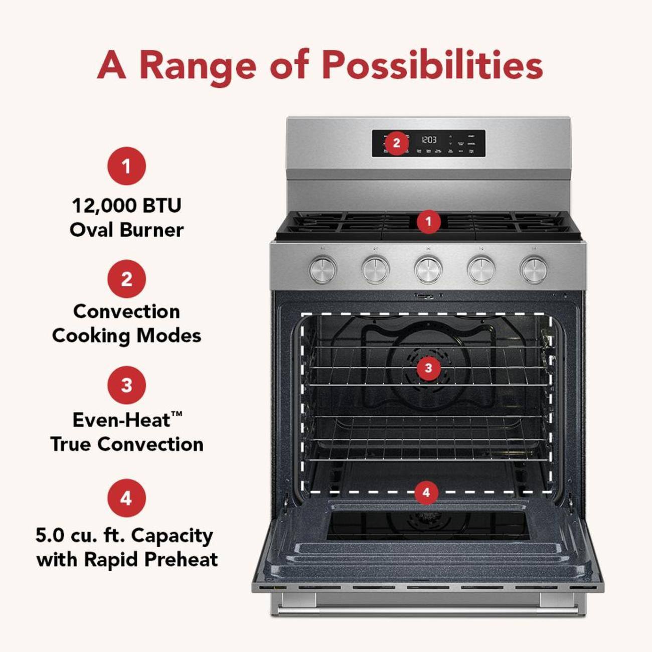 A Range of Possibilities

1. 12,000 BTU Oval Burner
2. Convection Cooking Modes
3. Even-Heat™ True Convection
4. 5.0 cu. ft. Capacity with Rapid Preheat