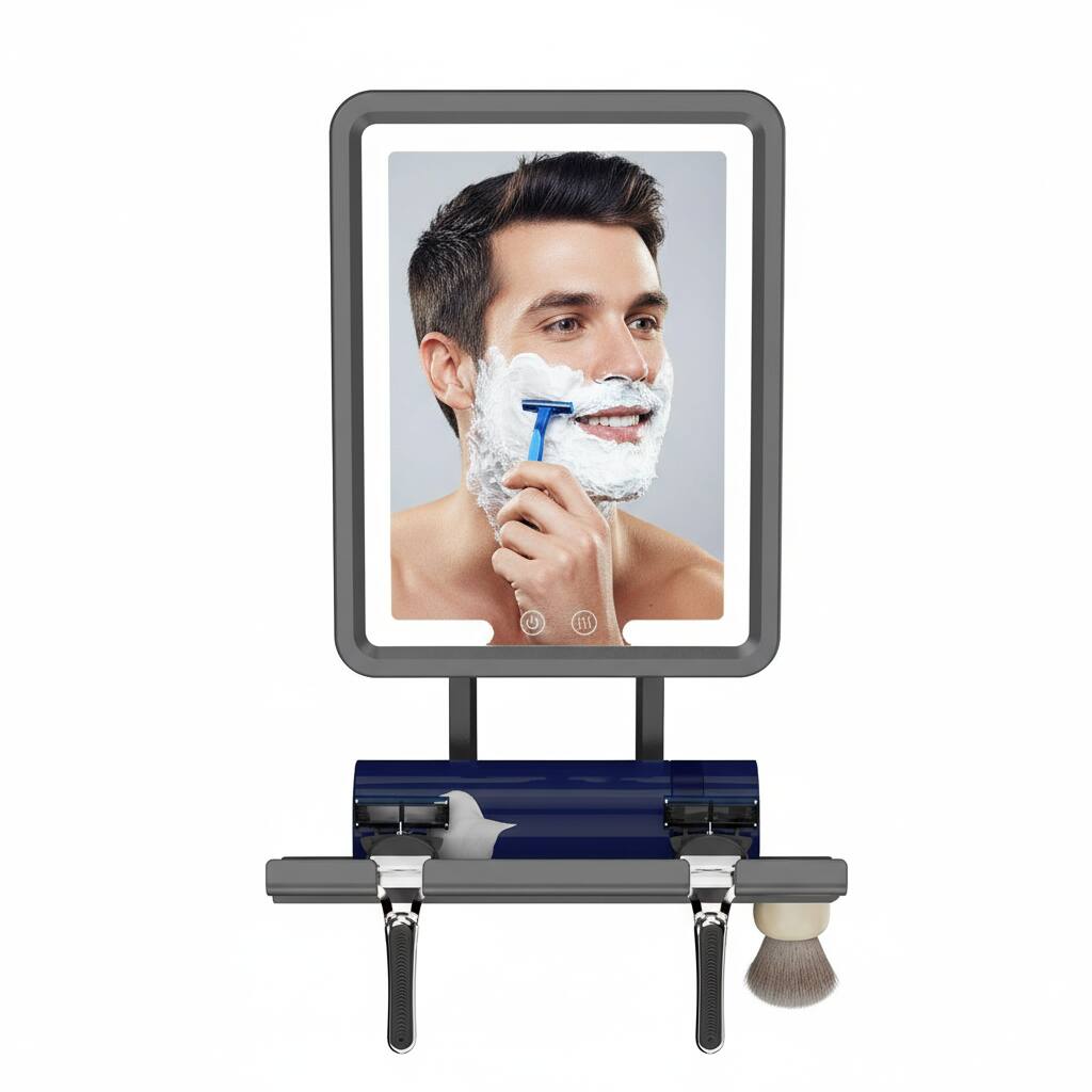 Front. Dazzed Corner - LED Fogless Shower Mirror for Shaving, Heated, 360° Adjustable - Black.