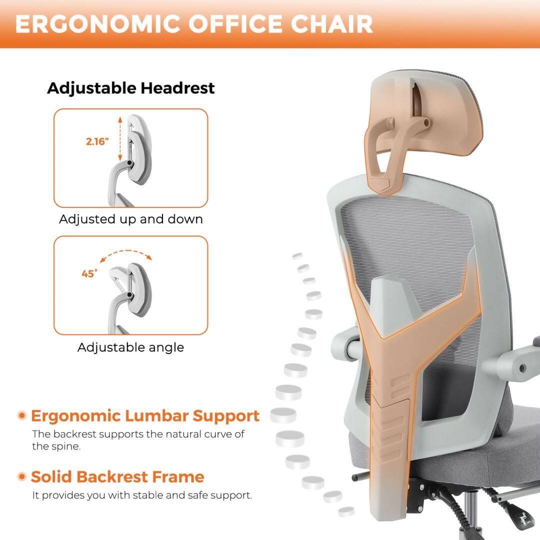 ERGONOMIC OFFICE CHAIR

Adjustable Headrest  
- 2.16" Adjusted up and down  
- 45° Adjustable angle  

Ergonomic Lumbar Support  
- The backrest supports the natural curve of the spine.  

Solid Backrest Frame  
- It provides you with stable and safe support.