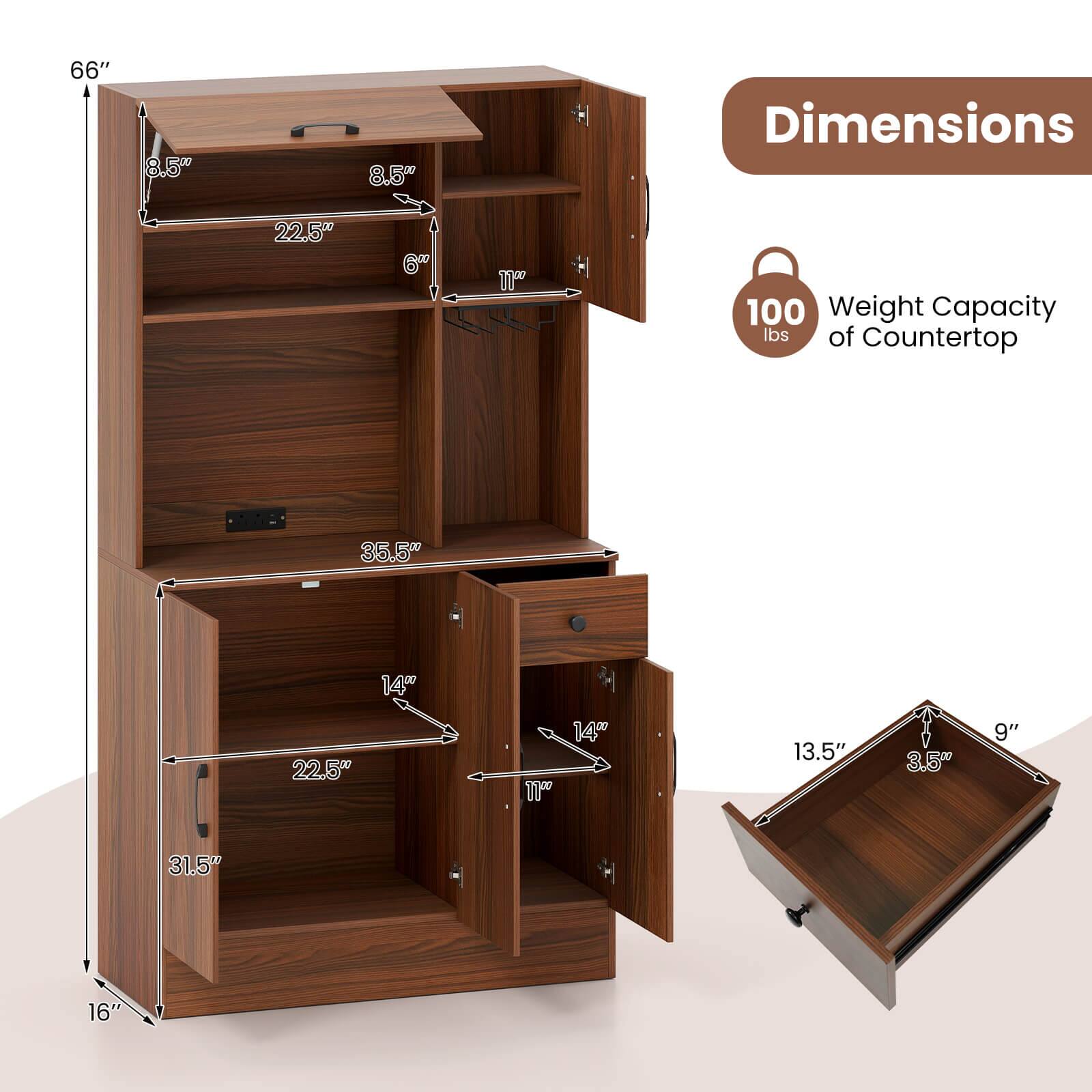- Dimensions: 66" H x 22.5" W x 16" D
- Shelf Dimensions: 22.5" W x 8.5" D
- Drawer Dimensions: 13.5" W x 9" D x 3.5" H
- Weight Capacity of Countertop: 100 lbs