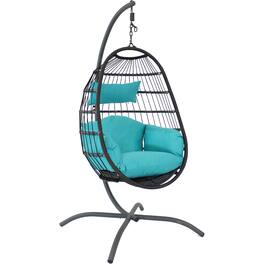 Sunnydaze - Resin Wicker Hanging Egg Chair with Steel Stand/Cushions - Turquoise Cushions