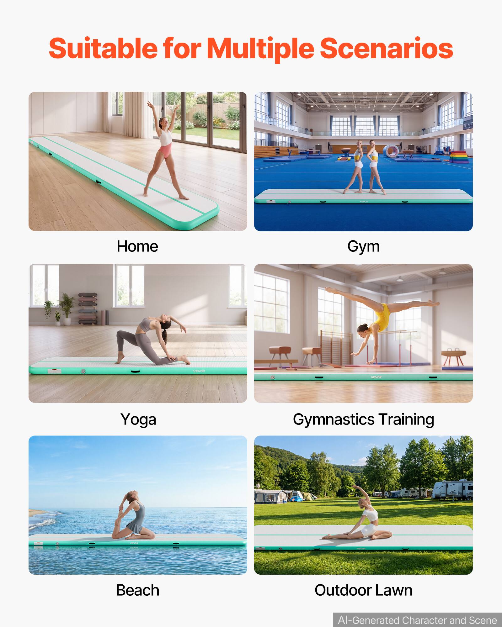 Suitable for Multiple Scenarios

Home Gym
- Yoga
- Gymnastics Training
- Beach
- Outdoor Lawn

AI-Generated Character and Scene