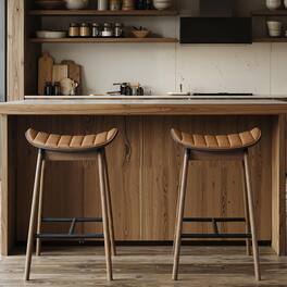 Acanva - Counter Height Bar Stools Set of 2, Modern Barstools Saddle Seat for Kitchen Island with PU Leather Cushion - Walnut and Camel Brown