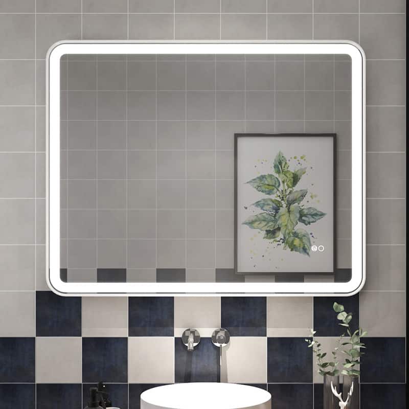 WELLFOR - 40" x 32"Anti-Fog LED Bathroom Mirror, Wall Bathroom Vanity Mirror with Framed Round Corner - White