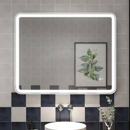 WELLFOR - 40" x 32"Anti-Fog LED Bathroom Mirror, Wall Bathroom Vanity Mirror with Framed Round Corner - White