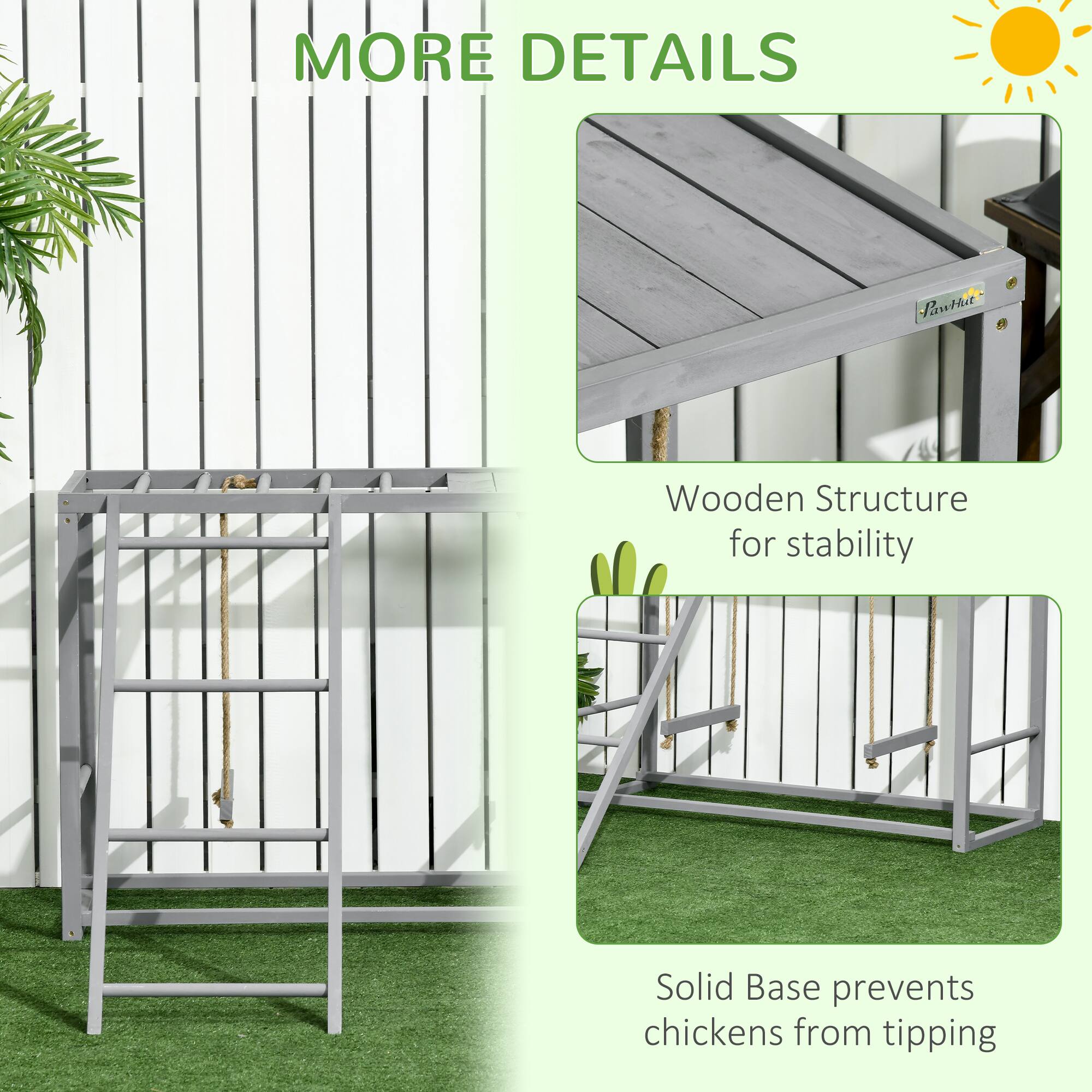MORE DETAILS

Wooden Structure for stability

Solid Base prevents chickens from tipping