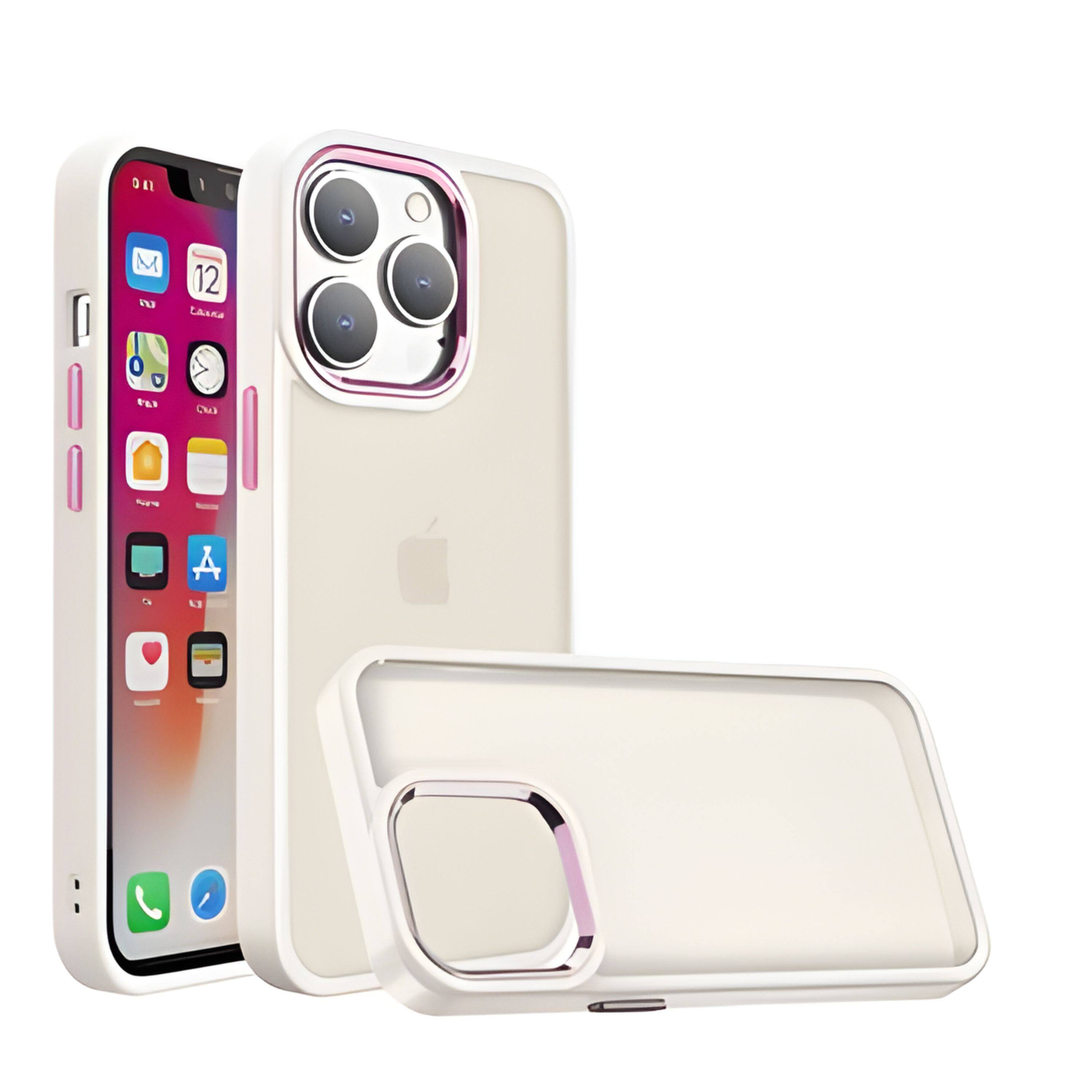 Angle. Kitcheniva - Acrylic Hybrid Metal Buttons Phone Case With 2 Pcs Screen Protectors For iPhone 15 Pro Max Beige - Beige.
