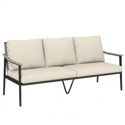 Front. Outsunny - Seater Outdoor Patio Sofa, Outdoor Couch with Wood-Effect Armrests, Wicker Backrest - Khaki.