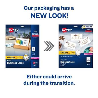 Our packaging has a NEW LOOK!

AVERY Clean Edge White Business Cards  
AVERY 581  
AVERY 5831 Matte White Business Cards  

Either could arrive during the transition.