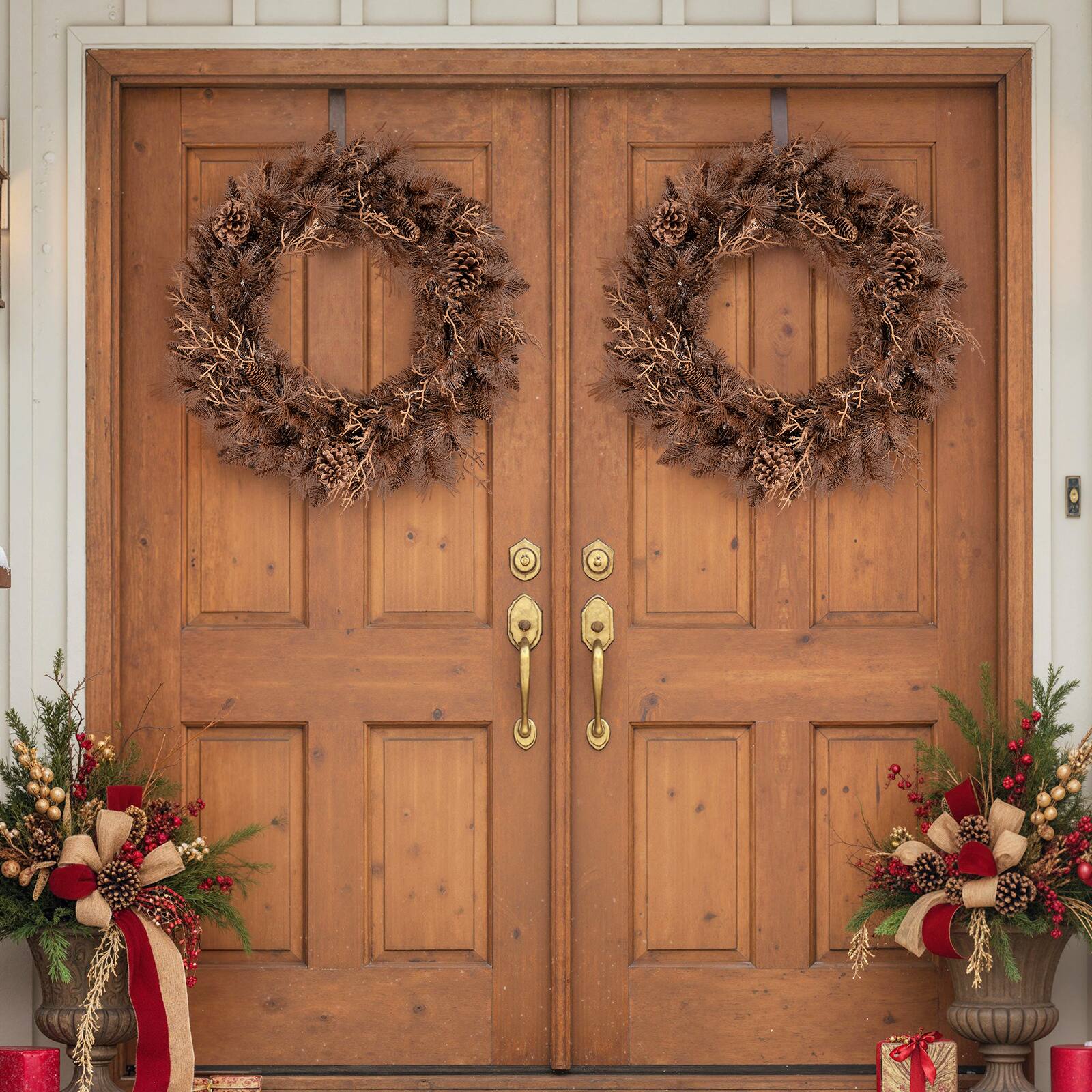Alt View 1. Gymax - Gymax Set of 2 24'' Pre-lit Christmas Wreath Front Door Artificial Xmas Wreath w/105 Branch Tips Brown - Brown.