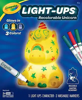 Crayola LIGHT-UPS Recolorable Unicorn
Glow in 3 Colors!
1 LIGHT-UPS CHARACTER - 3 WASHABLE MARKERS
REUSABLE SHATTER RESISTANT
Non-toxic
3x AAA Batteries Required (NOT INCLUDED)