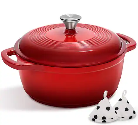 Front. FINEAK - 5QT Enameled Cast Iron Dutch Oven with Potholders for Versatile Cooking-Red - Red.