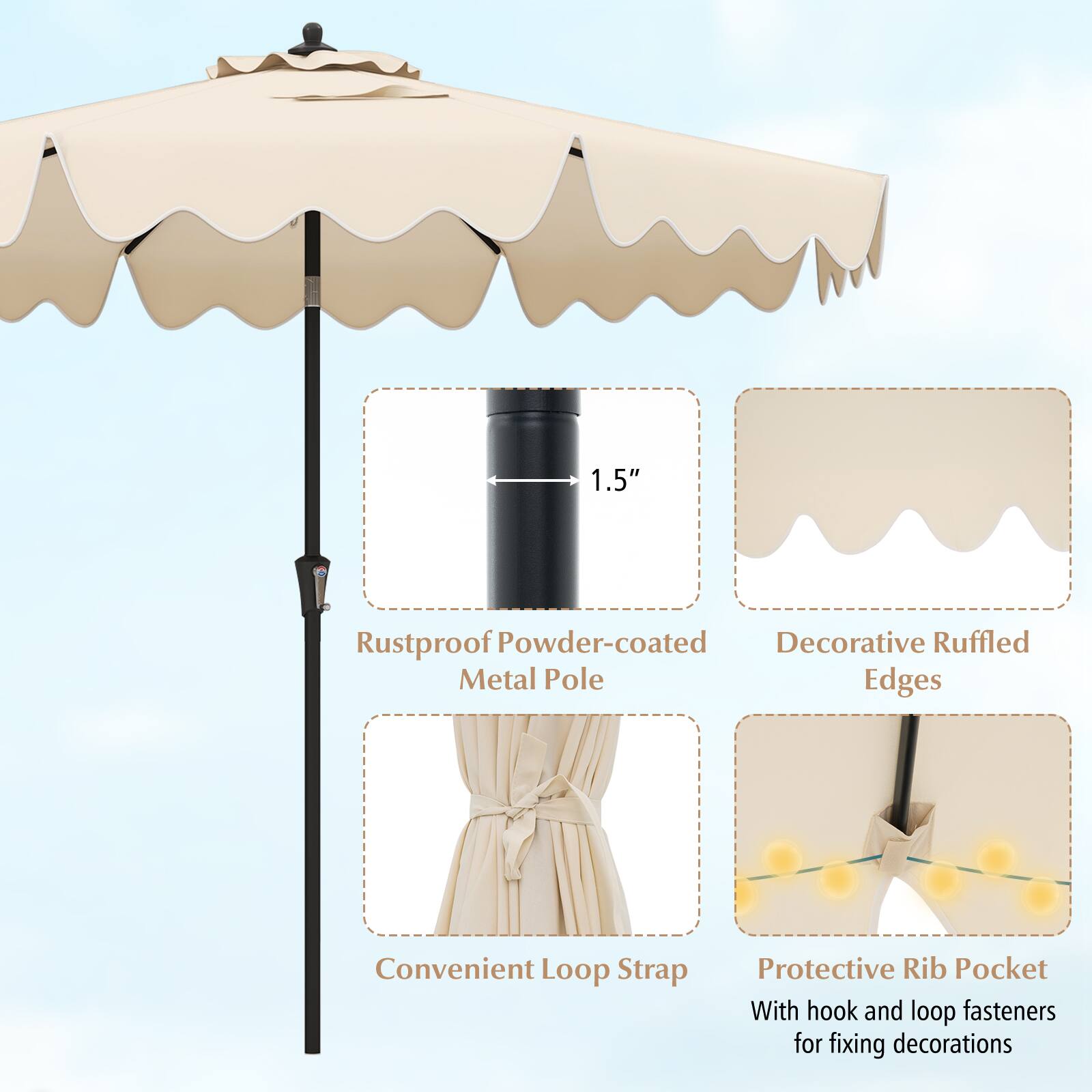 1.5" Rustproof Powder-coated Decorative Ruffled Metal Pole Edges Convenient Loop Strap Protective Rib Pocket With hook and loop fasteners for fixing decorations