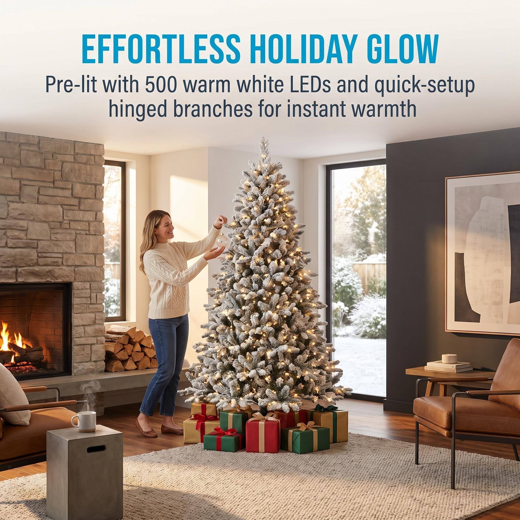 EFFORTLESS HOLIDAY GLOW  
Pre-lit with 500 warm white LEDs and quick-setup hinged branches for instant warmth