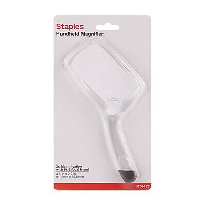Staples Handheld Magnifier

2x Magnification with 6x Bifocal Insert

3.6 in x 2.2 in (91.4mm x 55.8mm)

ST56452