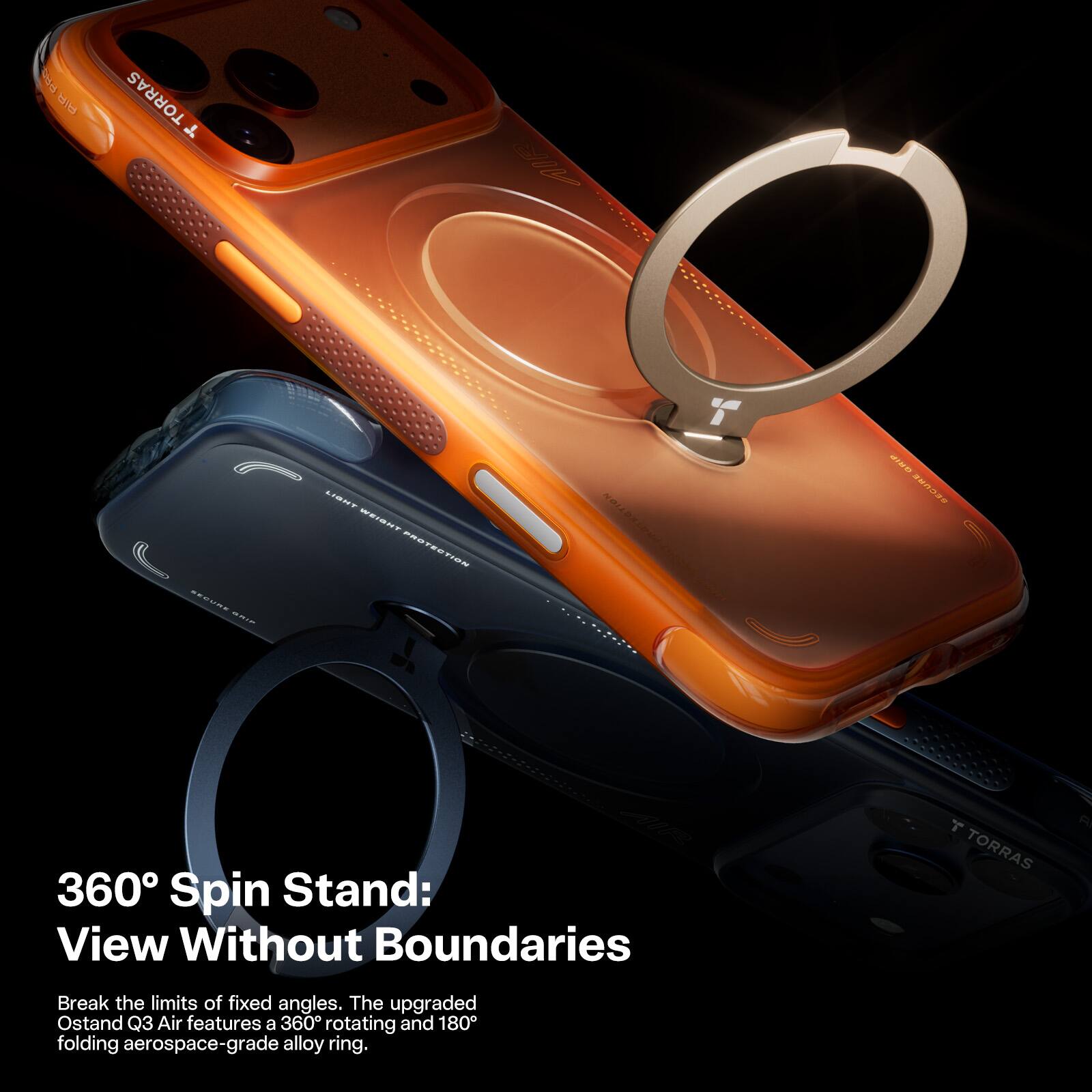 360° Spin Stand: View Without Boundaries

Break the limits of fixed angles. The upgraded Ostand Q3 Air features a 360° rotating and 180° folding aerospace-grade alloy ring.