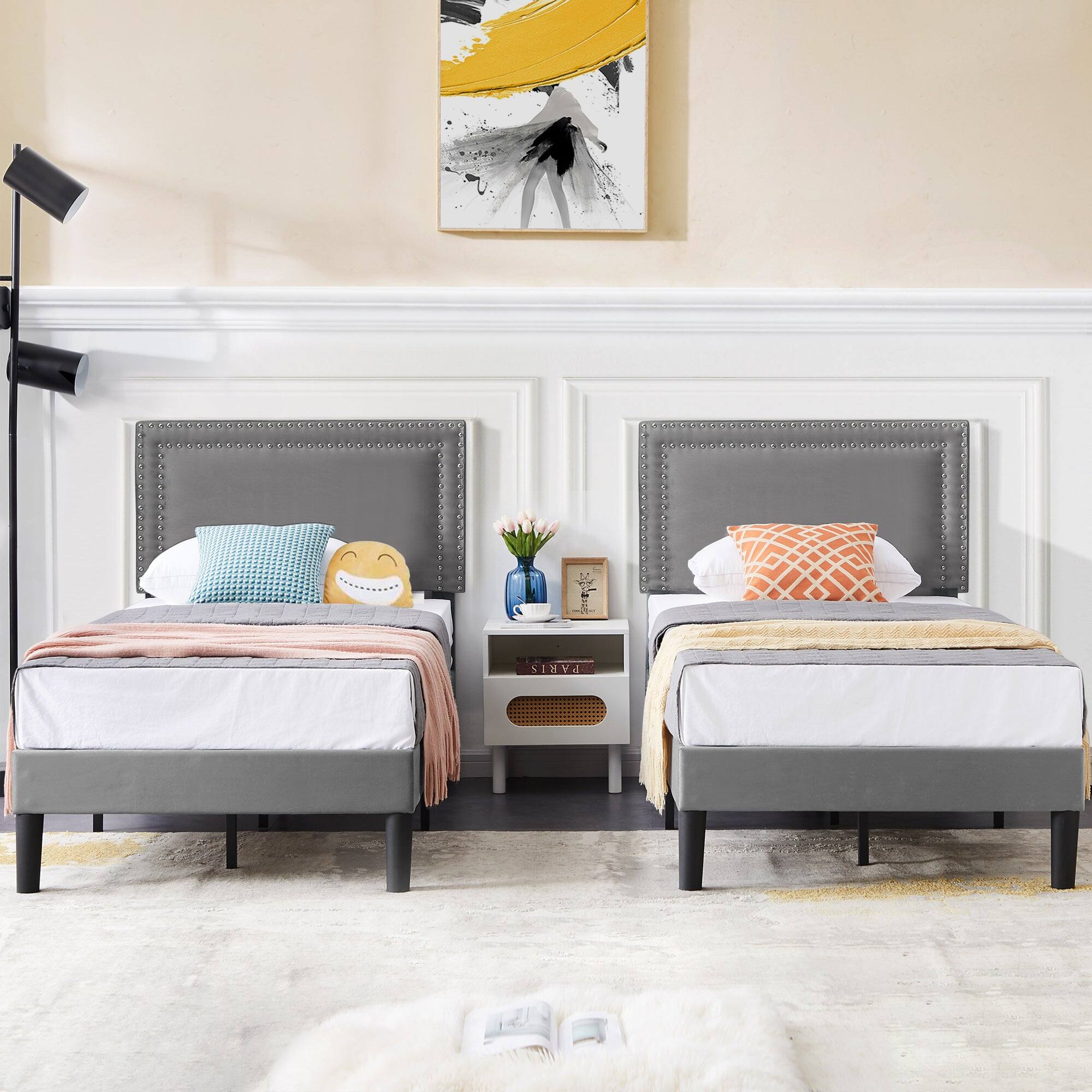 Back. Vecelo - Twin Size Platform Bed Frame with Adjustable Upholstered Headboard, Strong Wood Slat Support,No Box Spring Needed - Dark Gray.