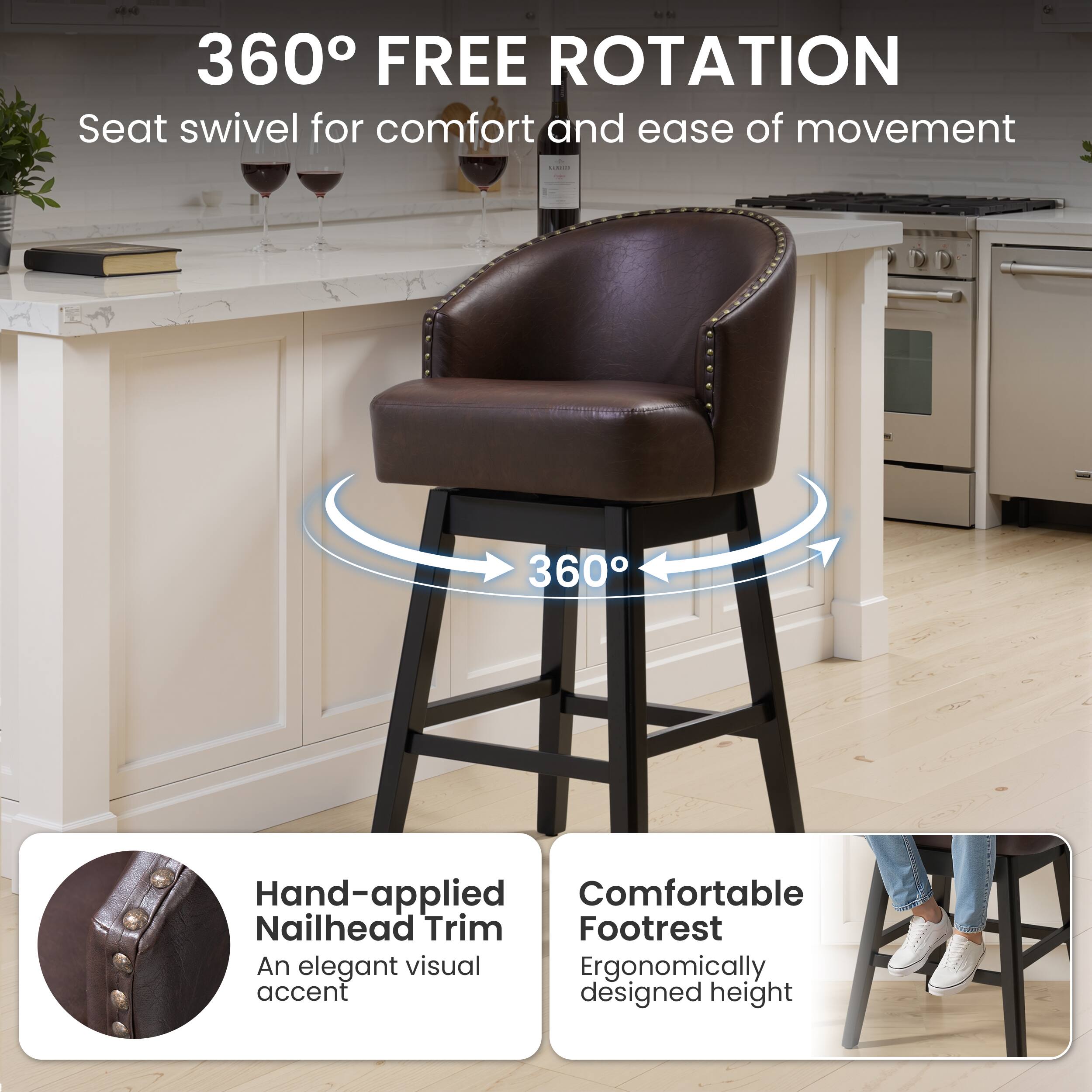 360° FREE ROTATION  
Seat swivel for comfort and ease of movement

Hand-applied Nailhead Trim  
An elegant visual accent

Comfortable Footrest  
Ergonomically designed height
