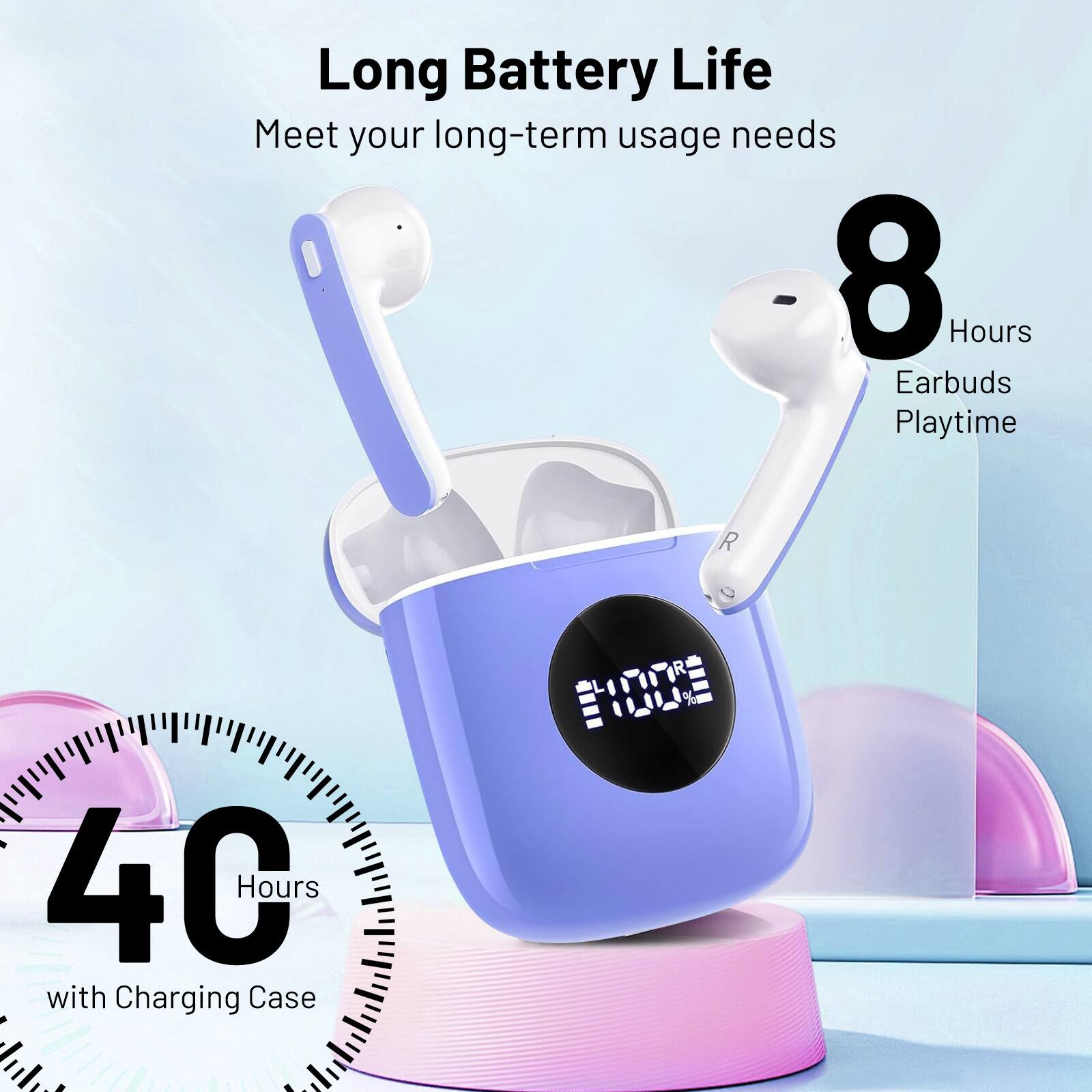 Long Battery Life
Meet your long-term usage needs
8 Hours Earbuds Playtime
40 Hours with Charging Case