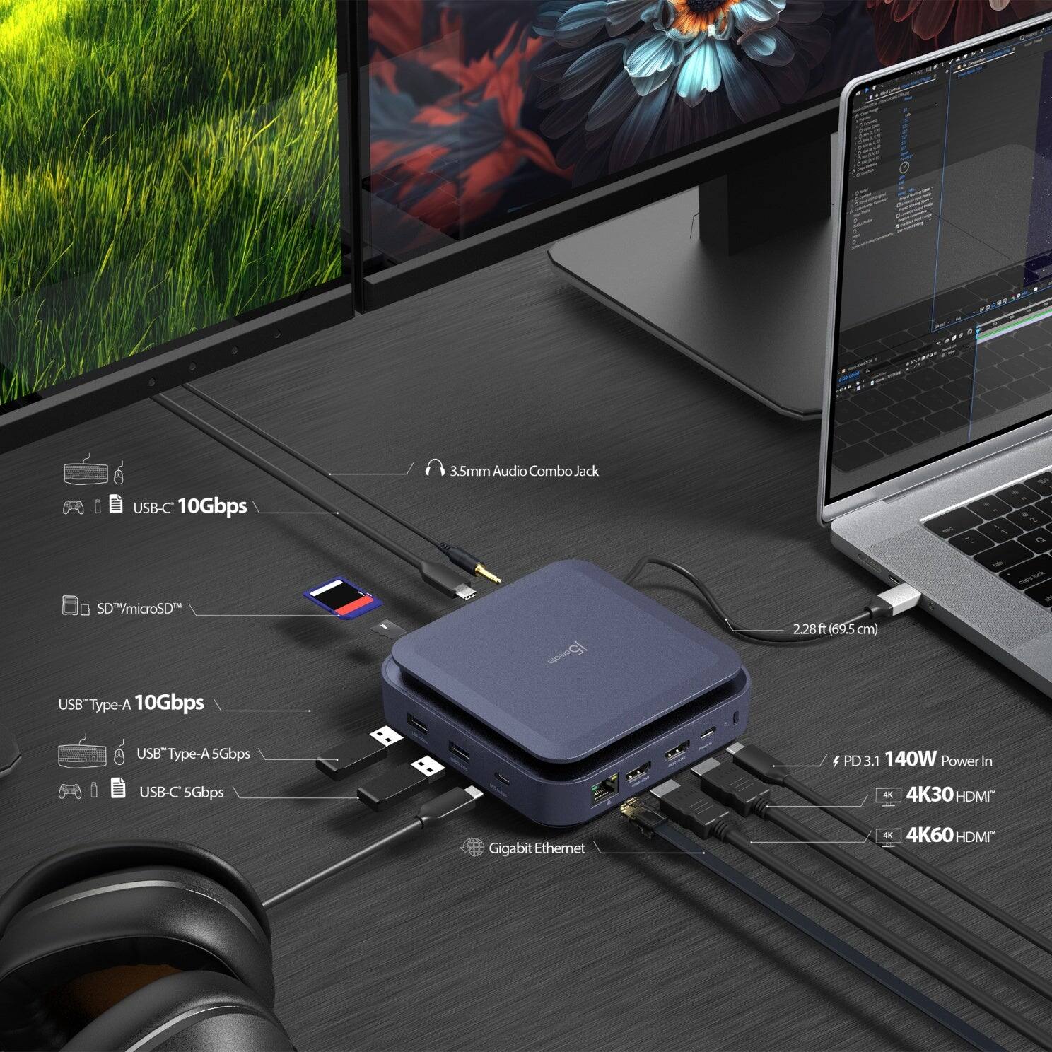 3.5mm Audio Combo Jack  
USB-C 10Gbps  
SD/microSD  
USB Type-A 10Gbps  
USB Type-A 5Gbps  
USB-C 5Gbps  
PD 3.1 140W Power In  
4K30 HDMI  
4K60 HDMI  
Gigabit Ethernet