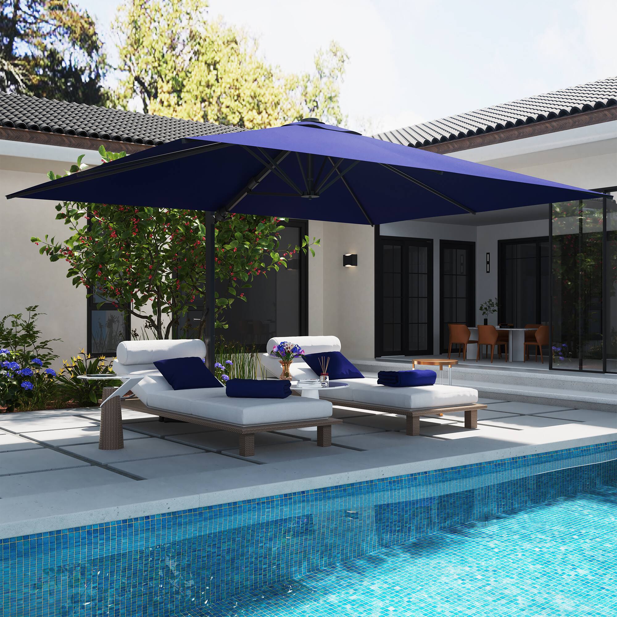 Back. Mondawe - 10*13ft Large Patio Cantilever Umbrella Square with Base - Navy Blue.