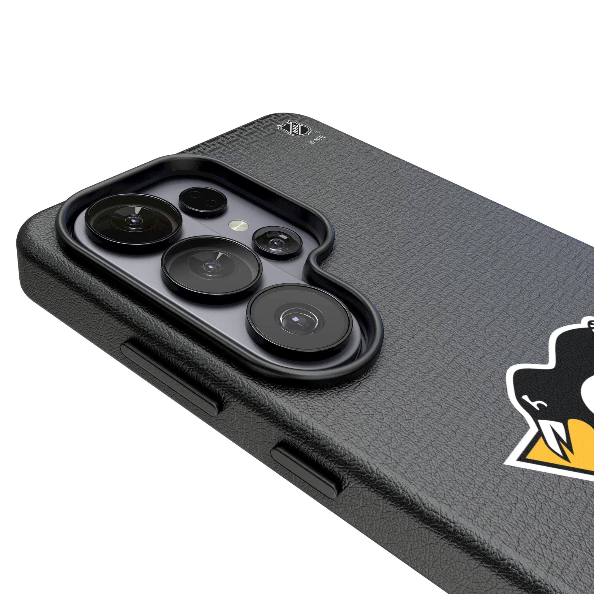 Alt View 2. Keyscaper - Pittsburgh Penguins Linen Galaxy Magnetic Bump Case - S25 Ultra - Black.