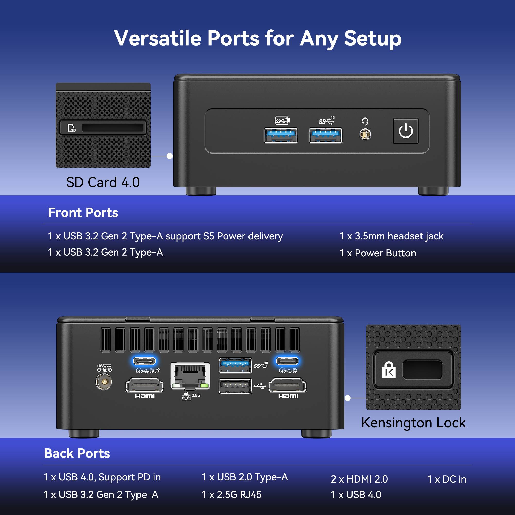 Versatile Ports for Any Setup - SD Card 4.0
Front Ports
1 x USB 3.2 Gen 2 Type-A support S5 Power delivery
1 x USB 3.2 Gen 2 Type-A
1 x 3.5mm headset jack
1 x Power Button
Back Ports
1 x USB 4.0, Support PD in
1 x USB 2.0 Type-A
1 x USB 3.2 Gen 2 Type-A
1 x 2.5G RJ45
2 x HDMI 2.0
1 x USB 4.0
1 x DC in
Kensington Lock
